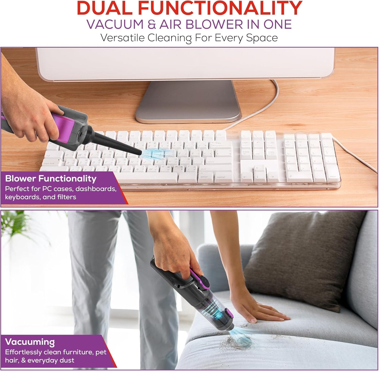 Car Vaccum Cleaner - 2 in 1 Handheld dustbuster, High Power, Portable, Cordless & Corded + Blower with 18500Pa Suction - Fast USB-C Rechargeable Hand Vacuum for Home, Office, Pets & Auto Detailing