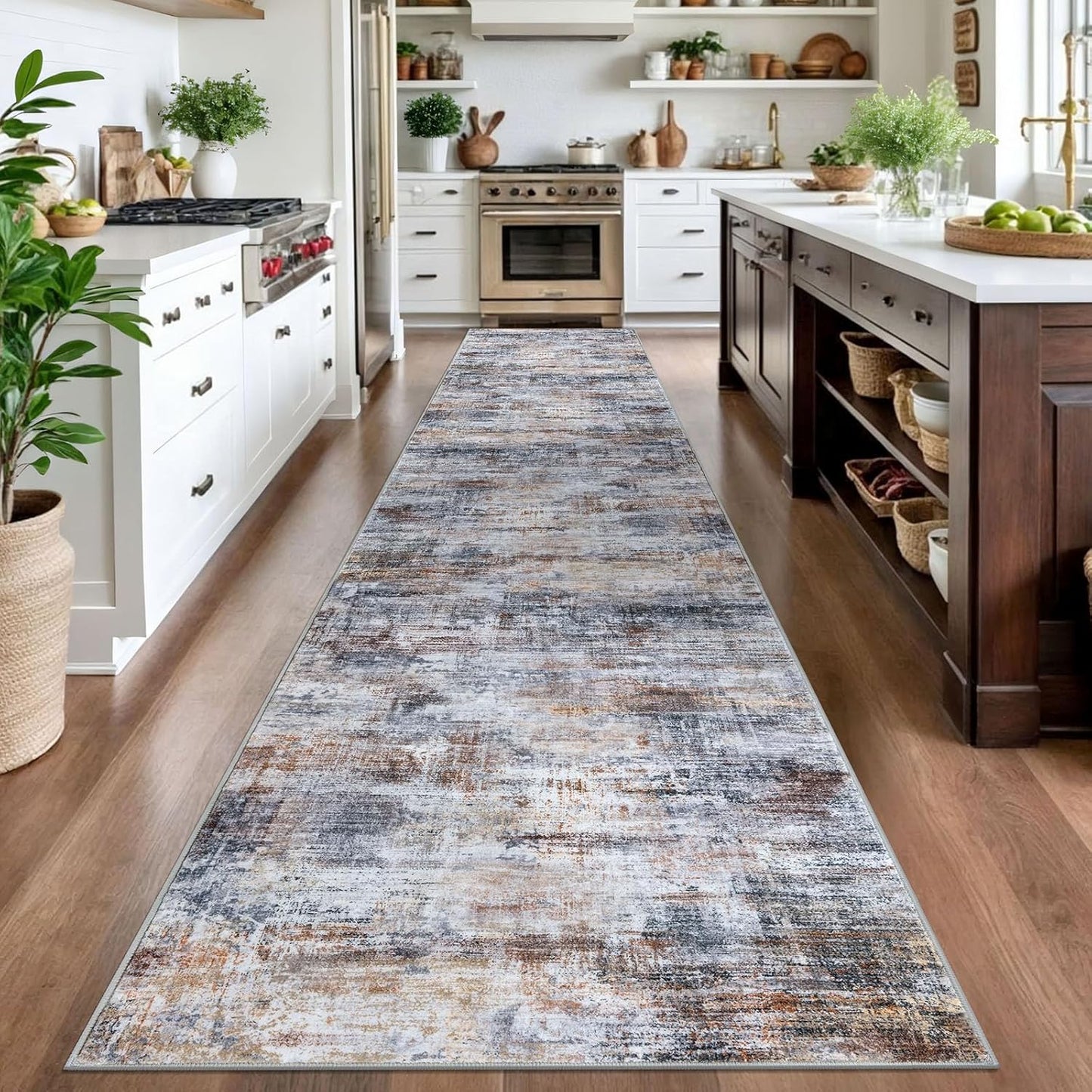 IOHOUZE Abstract Runner Rug 3x16 Ft Washable Runners for Hallways, Non Slip Kitchen Runner Printed Faux Wool Entryway Runner Indoor, Modern Abstract Floor Carpet for Hall Stair, Orange Grey