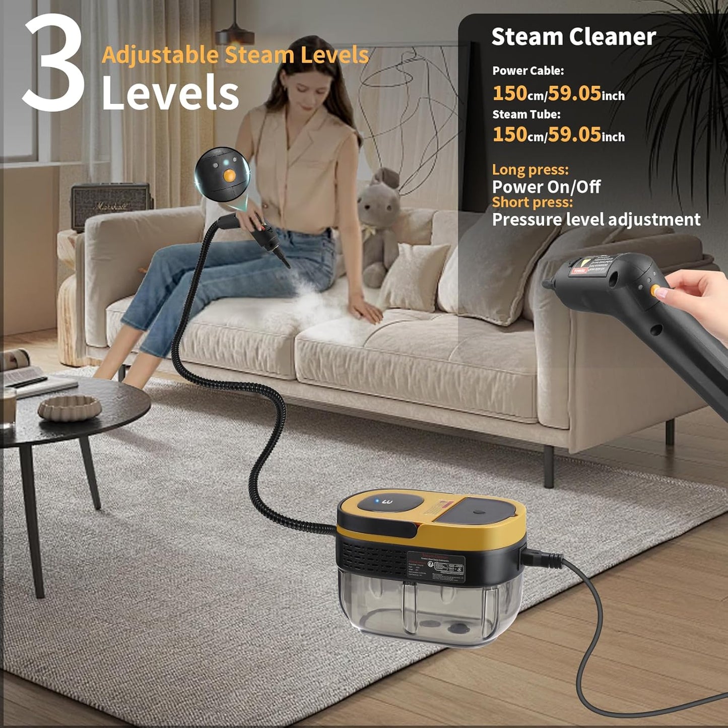 Steam Cleaner, 3-Level Adjustable Handle, 15s Heat-Up, 1.69 Quarts Tank, Portable Steamer for Cleaning with 10 Accessories, Steam Cleaner for Home for Dirt (Yellow)