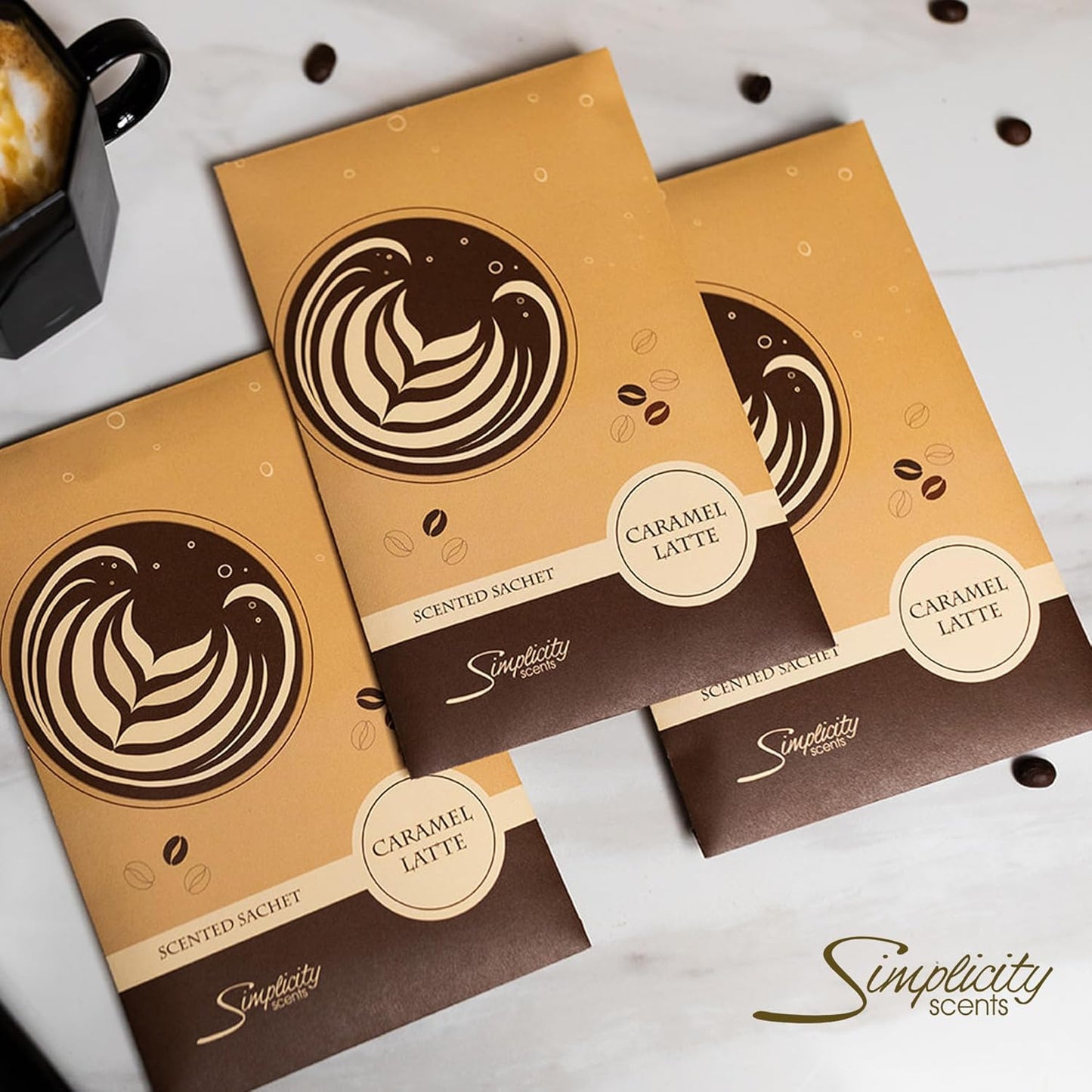 Floral Simplicity Caramel Latte Scented Sachets Pack of 6, Fall & Winter - Long-Lasting Scented Bags, Home Fragrance, Air Freshener & Deodorizer for Closet, Room, Drawer, or Cars, Made in The USA