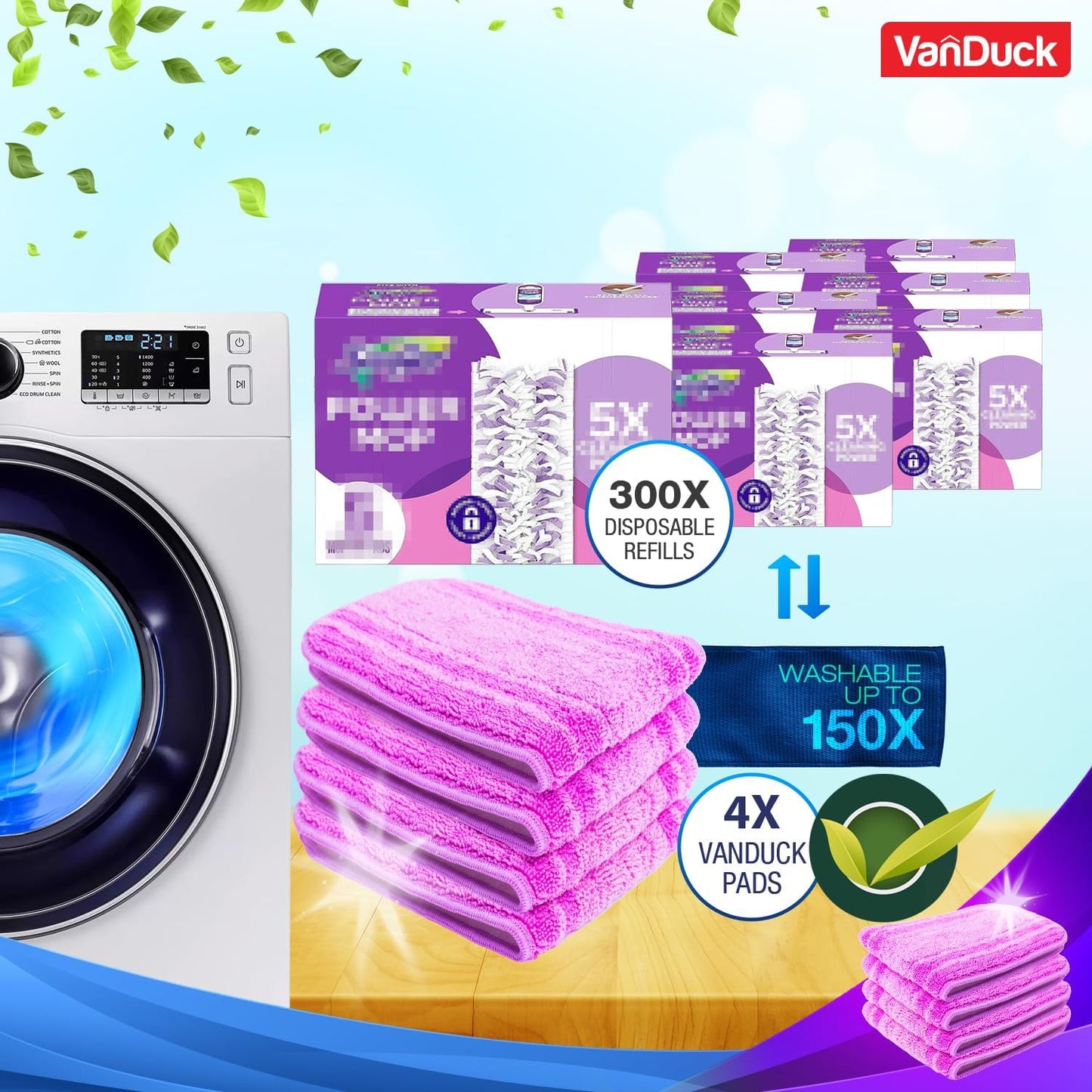 VanDuck Reusable Mop Pads Compatible with Swiffer PowerMop (4 Pack) - Multi-Surface Mopping Pad Refills for Hardwood Floor Cleaning