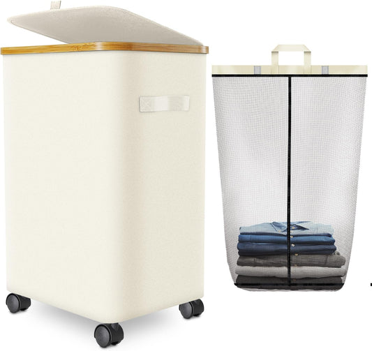 Laundry Hamper with Wheels,20 Gal (75L) Laundry Basket with lid Rolling Clothes Hamper Foldable Dirty Clothes Basket on wheels with Bamboo Frame and Bag for Bedroom, Dorm, Laundry Room-Off White