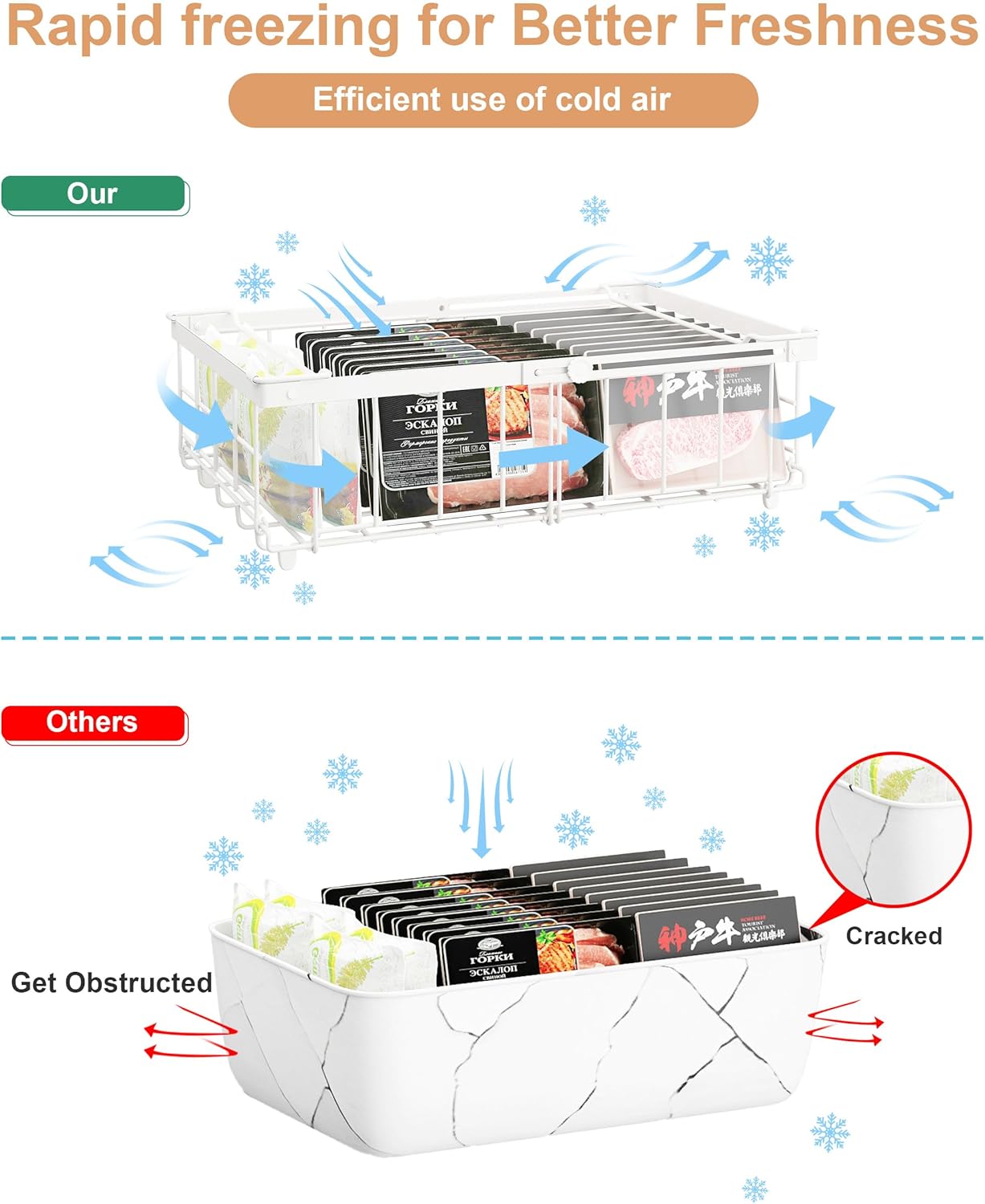 UMDONX 4 Pack Expandable Freezer Organizer Bins Large Freezer organizer Bins Stackable 11.4" Expand to 17.9", Fit 10 to 20 Cu.FT Black