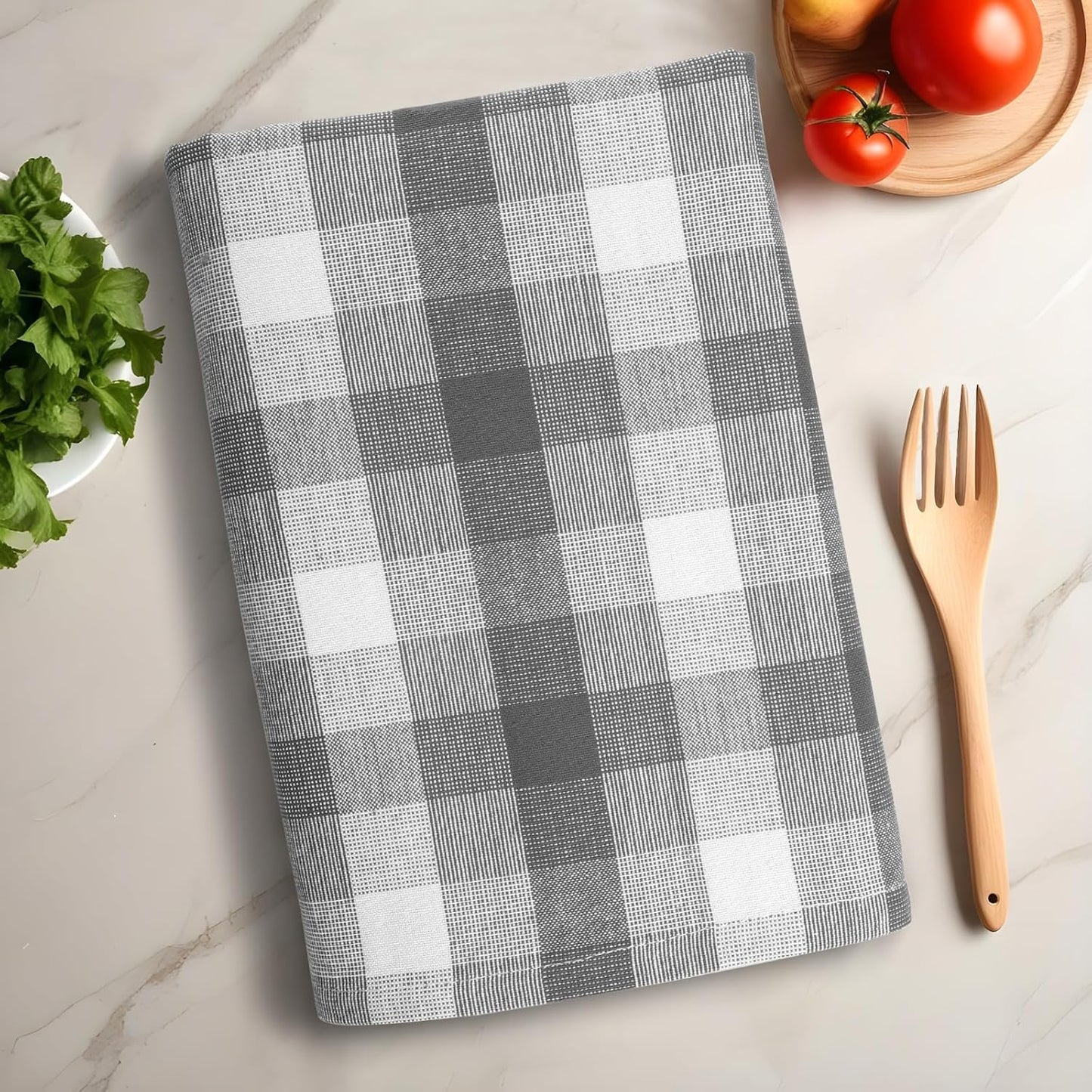 Kitchen Towels Set of 6 Grey/White Checks 20x30 Inches 100% Cotton Highly Absorbent Kitchen Towels