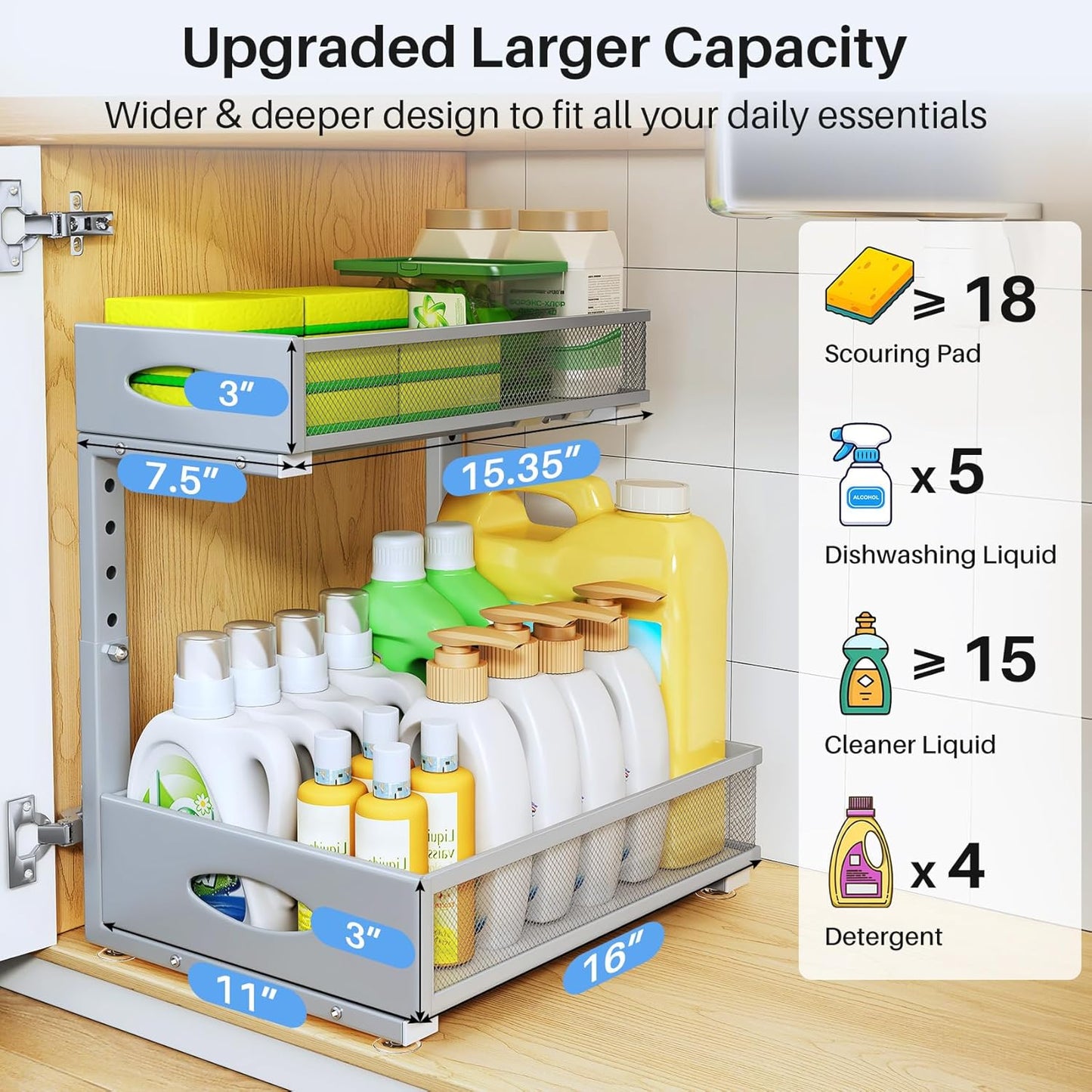 Under Sink Organizer, 2 Tier Pull Out Under Cabinet Organizer Shelf with Pad for Framed Cabinets, Metal Slide Out Under Sink Storage, Mesh Sliding Drawers for Kitchen Bathroom Laundry(Grey, 1 Pack)