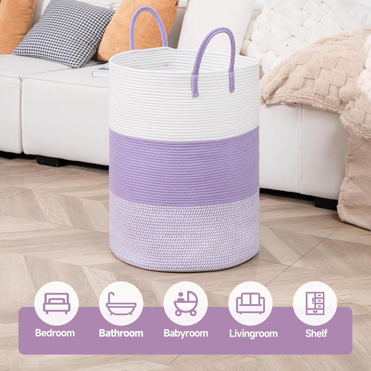 CLHMILY&Z 100L Laundry Basket Round Storage Rope Basket - 18.1x24 Inches - Lavender Hamper in Bedreoom and Cute Storage Bin for Blankets, Toys, and Nursery Essentials