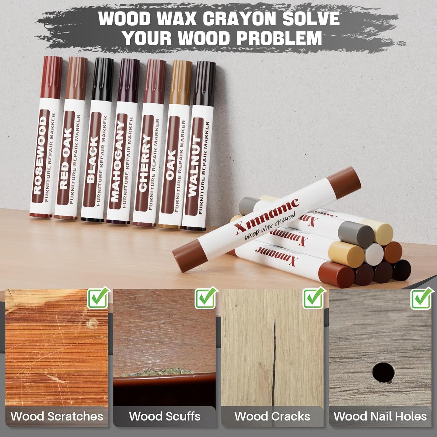 Wood Filler Sticks, Set of 21 Wood Floor Scratch Repair Kit, Wax Sticks for Furniture Markers Repair Any Scratches, Scuffs, Cracks and Nail Holes on Furniture, Floors, Doors, Cabinets, Tables