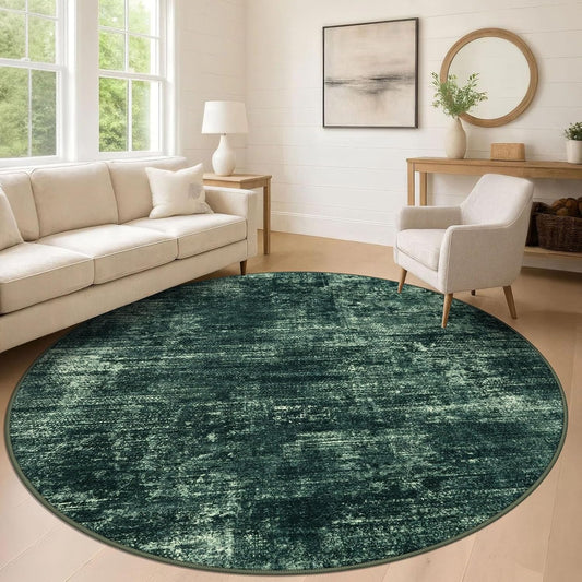 IOHOUZE Abstract Round Area Rug 8 Ft Washable Circle Rugs Large Round Rug Non Slip Thin Soft Circle Rugs, Printed Faux Wool Floor Carpet for Bedroom Living Room Dining Room Nursery, Dark Green