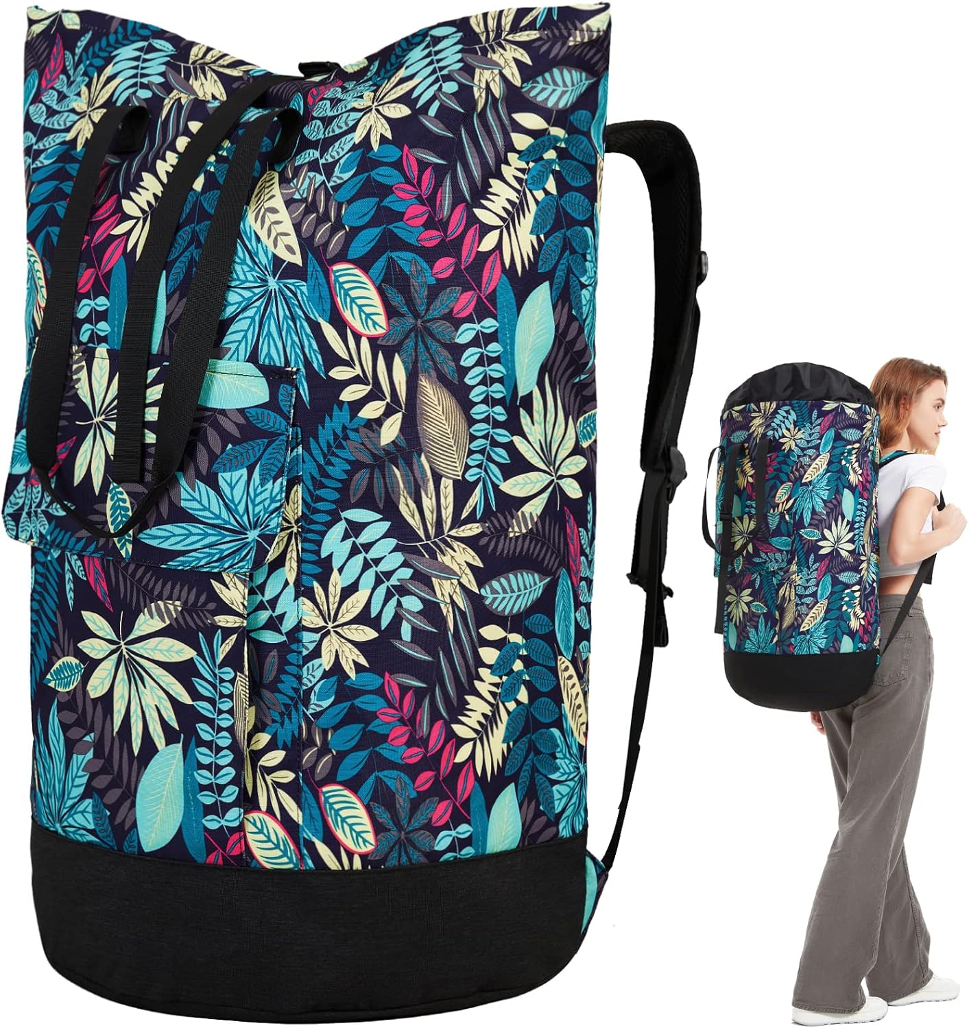 Laundry Bag for College,115L Backpack Extra Large Heavy Duty, Gifts College Dorm, Dorm Room Essentials Girls, Dirty Clothes Travel, Beach, Camping, Apartment and Laundromat, Leaves Jungle