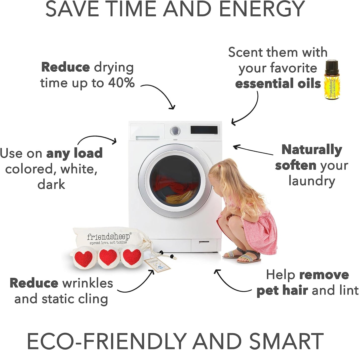 Friendsheep Wool Dryer Balls, Organic Reusable Fabric Softener Alternative for Laundry, Handmade, Fair Trade, Hypoallergenic, Eco-Friendly, Plastic-Free (3 Pack XL – Red Heart)