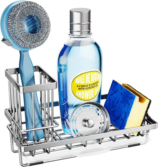 SWTYMIKI Kitchen Sink Caddy Sponge Holder, Kitchen Sink Organzier and Storage with High Brush Holder and Drip Tray for Dish Sponges, Silver