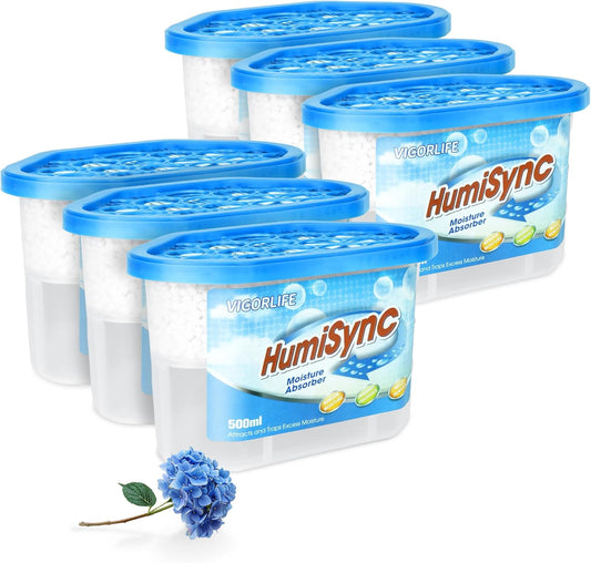 Moisture Absorbers 6 Pack, 16.9oz., Portable Humidity Absorber Boxes for Bathroom, Closet, Kitchen, Dehumidifiers, Attract and Trap Excess Moisture, Convenient and Effective, Blue