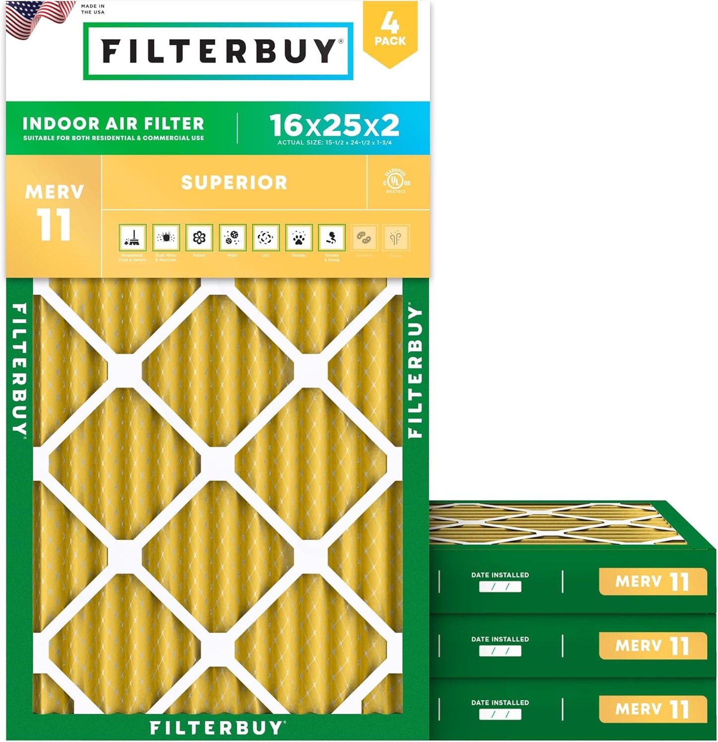 Filterbuy 16x25x2 Air Filter MERV 11 (MPR 1200) Allergen Defense Replacement (4-Pack), Electrostatic Pleated HVAC AC Furnace Filters, Made in USA (Actual Size: 15.50 x 24.50 x 1.75)