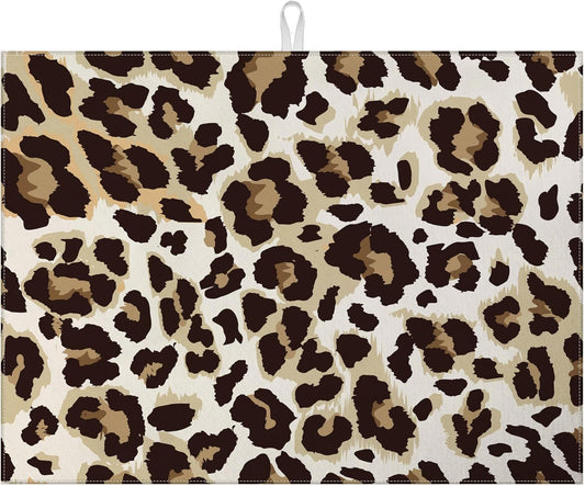 Brown Leopard Dish Drying Mat for Kitchen Counter Microfiber Absorbent Dish Kitchen Drying Mat Draining Reusable Washable for Dishes/Utensils/Counterto