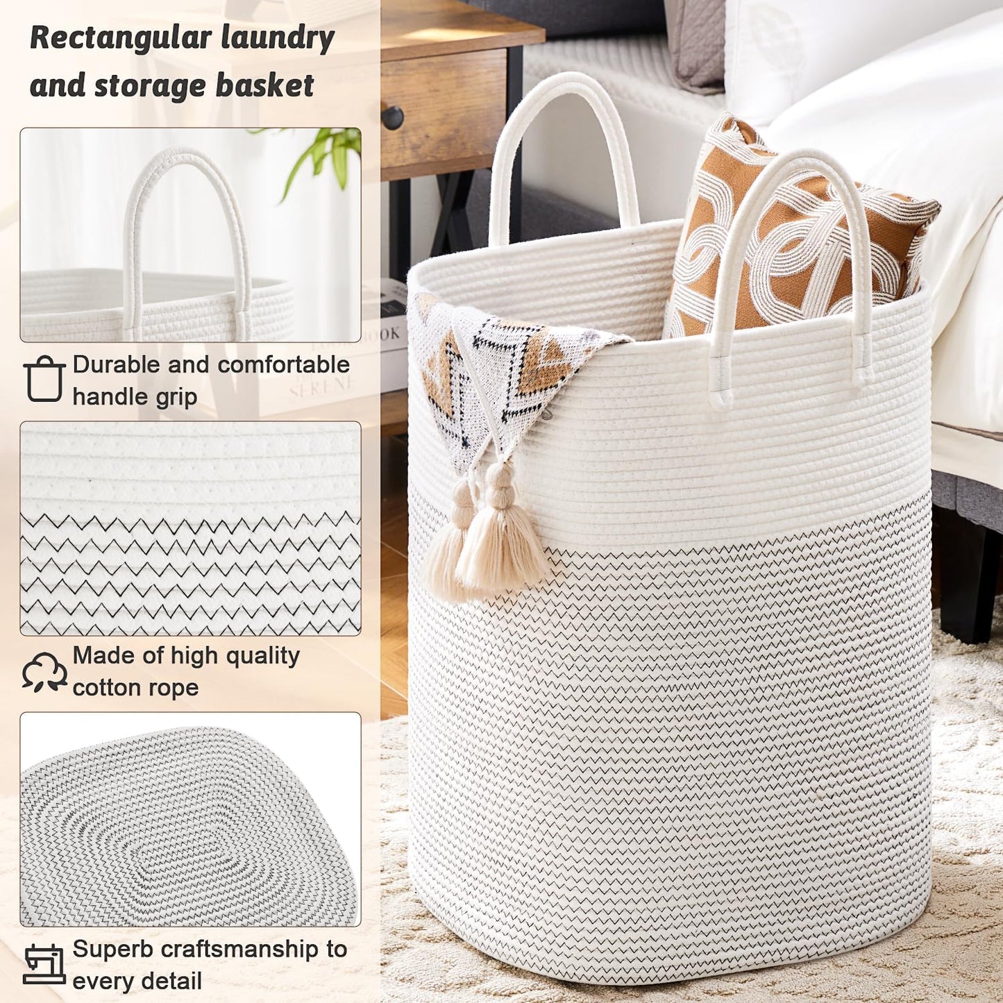 Laundry Basket,Woven Cotton Rope Laundry Hamper,Versatile Storage for Dirty Clothes,Baby Toys,and Blankets in Bathroom, Nursery,and Living Room (White, 40L)
