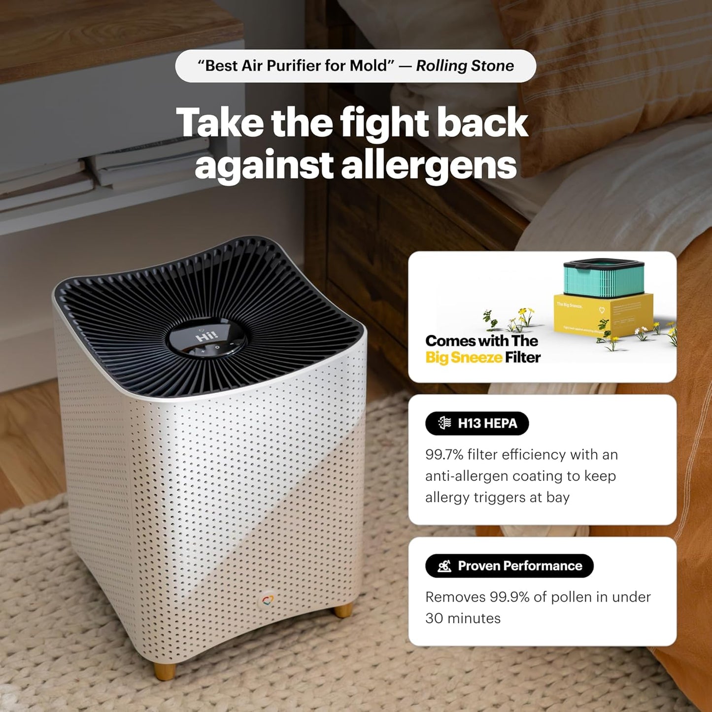 Mila Air 3 Smart Home Air Purifier with Big Sneeze H13 HEPA Replacement Filter for Allergies, Removes Dust, Pollen, Dander, Ideal for Large Room or Bedroom, Quiet-Mode