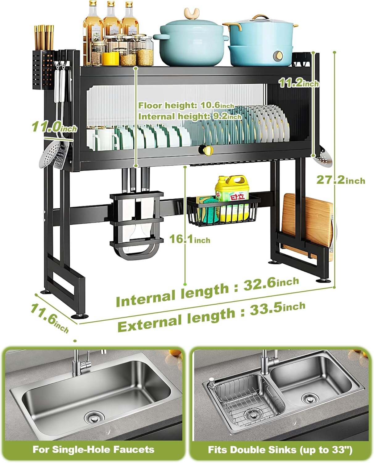 Over The Sink Dish Drying Rack 3-Tier Dish Drainer Racks with Cover Space-Saving Kitchen Organizer for Dishes, Glasses, Bowls & Cutlery