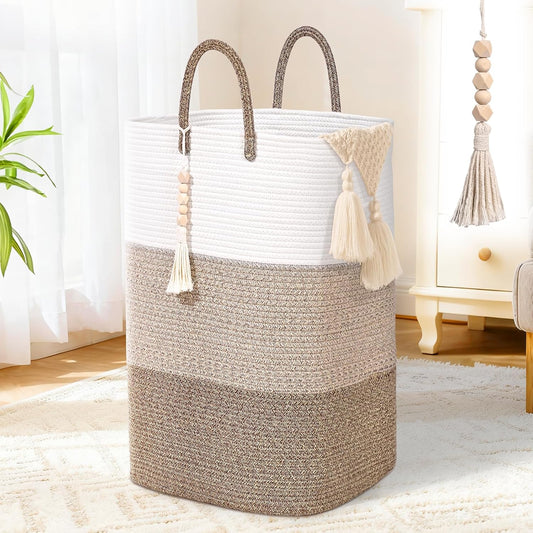 Woven Laundry Basket for Clothes,65 L Large Rectangle Laundry Hampers with Beads Tassel, Nursery Storage Basket for Toys, Tall Dirty Clothes Hamper for Bedroom Aesthetic, Laundry Room Organization