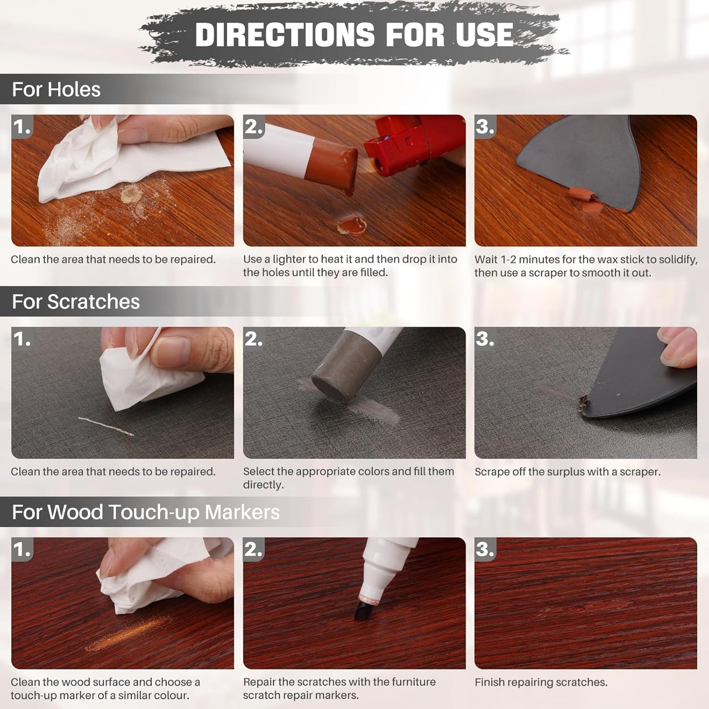 Wood Filler Sticks, Set of 21 Wood Floor Scratch Repair Kit, Wax Sticks for Furniture Markers Repair Any Scratches, Scuffs, Cracks and Nail Holes on Furniture, Floors, Doors, Cabinets, Tables