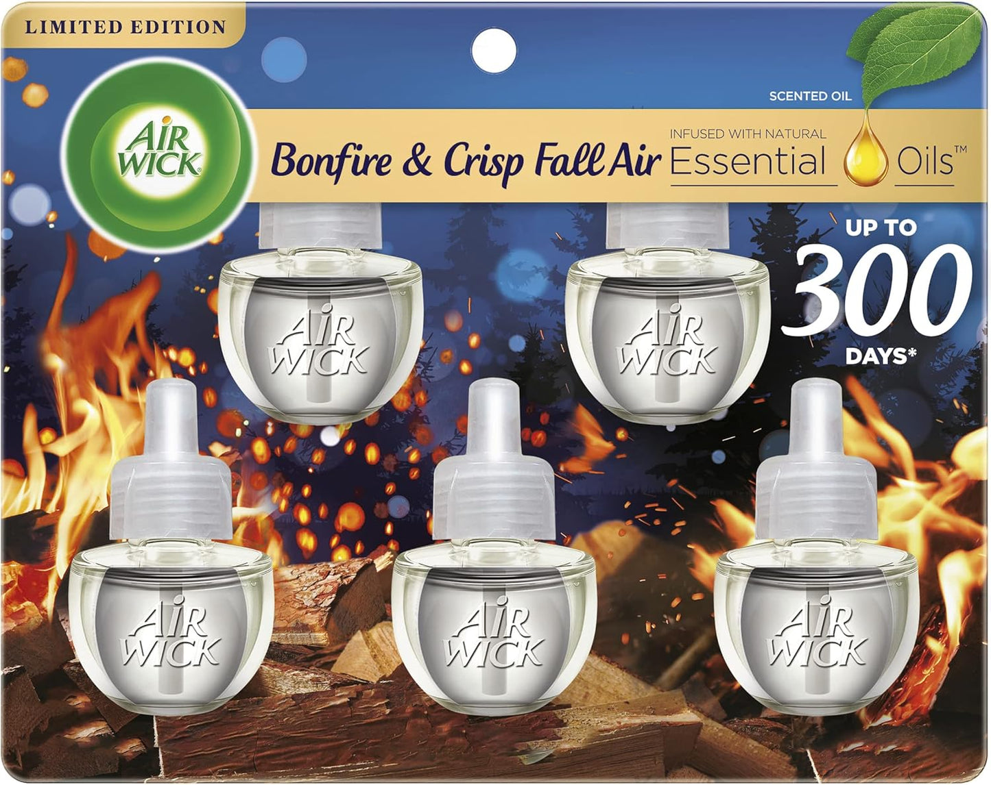 Air Wick Plug in Scented Oil Refill, 5ct, Bonfire and Crisp Fall Air, Essential Oils, Air Freshener Fall Scent, Fall décor