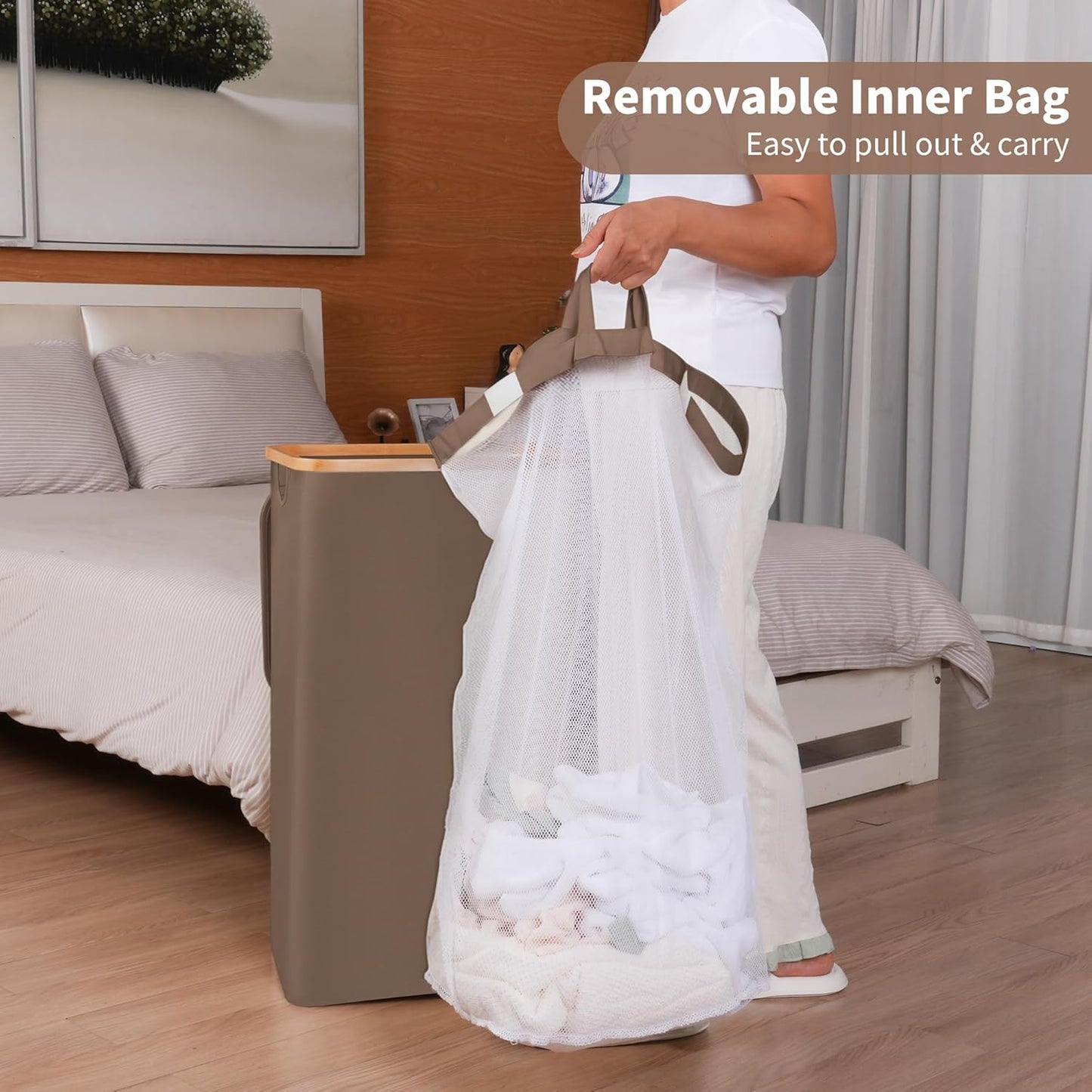 26 Gal Laundry Basket with Lid and Net Bag, Tall Laundry Hamper with Bamboo Handles, Aesthetic Dirty Clothes Bin for Laundry Room, Bathroom, Bedroom and Dorm, Brown