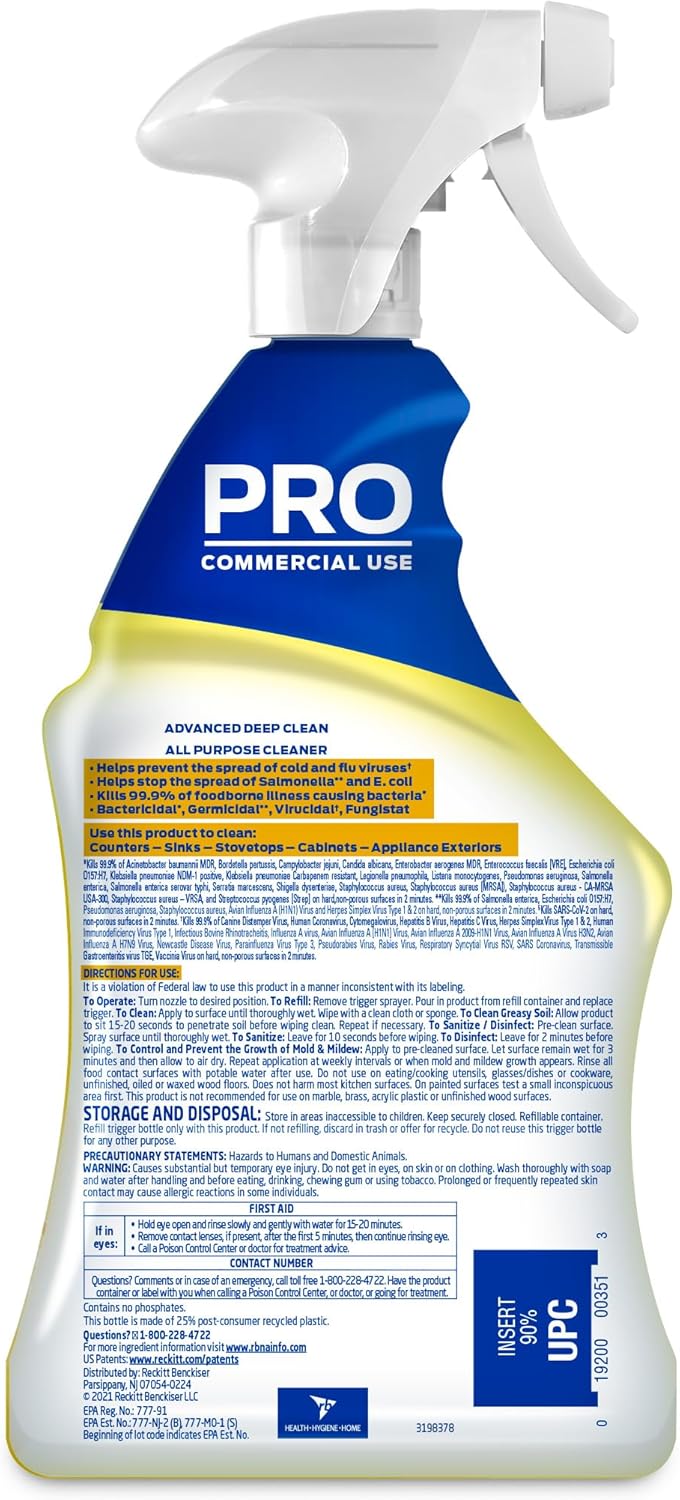 Lysol Pro All-Purpose Cleaner, Advanced Deep Cleaning Sanitizing and Disinfecting Spray, For Commercial Use, Use to Clean and Deodorize, Lemon Breeze Scent, 32oz (Pack of 12)