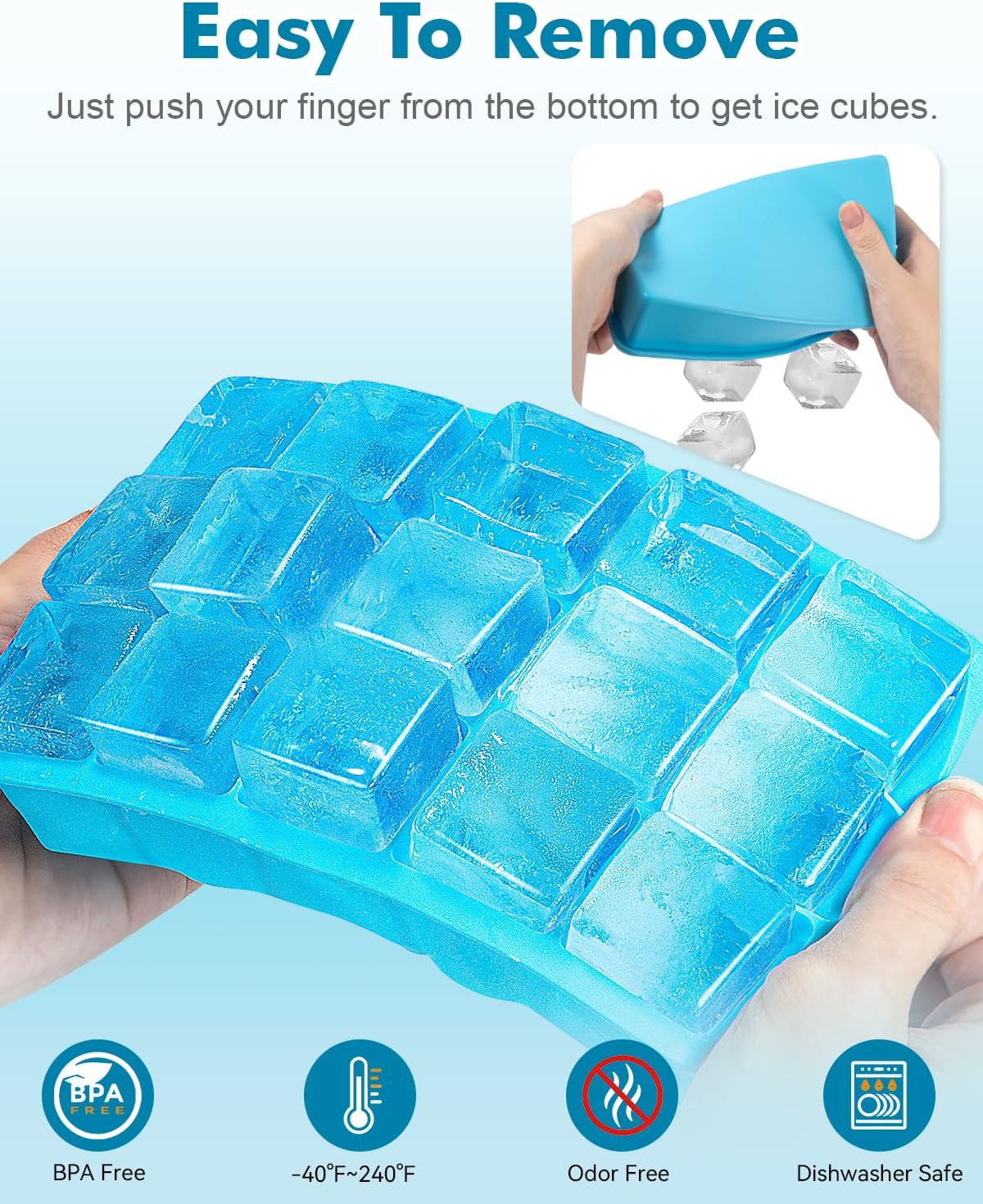 Silicone Ice Cube Trays for Freezer Set of 2- Square Ice Cubes Mold-Easy Release Silicone Old Fashioned Ice Cube Tray-Mini Fridge Rubber Ice Cube Tray for Whiskey Cocktail Coffee Soup