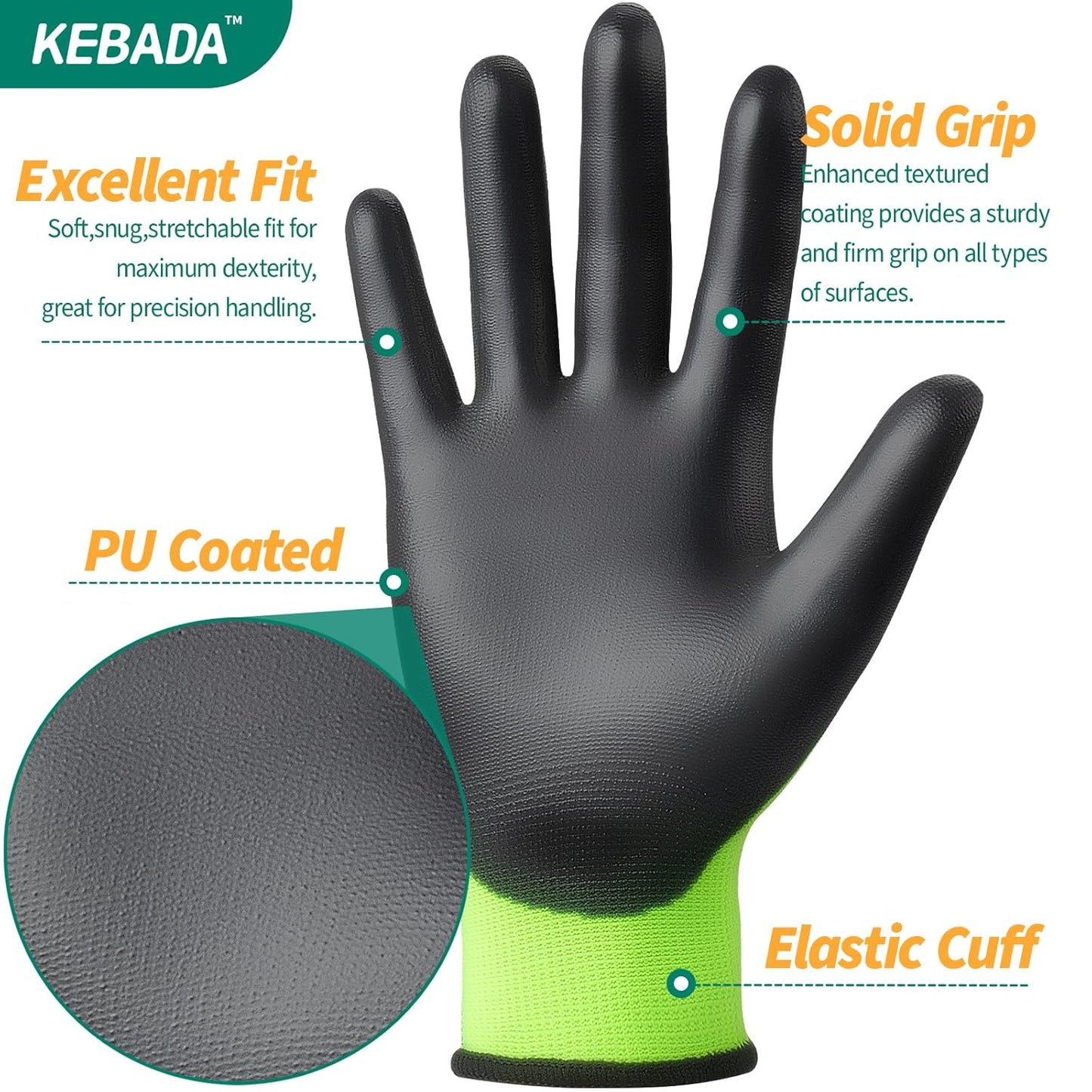 Kebada W1 Work Gloves for Men and Women, Touchscreen PU Coated Gloves with Grip, 50 Pairs Bulk Pack, Ideal for Warehouse Package Handling, Construction, Gardening, Green Large
