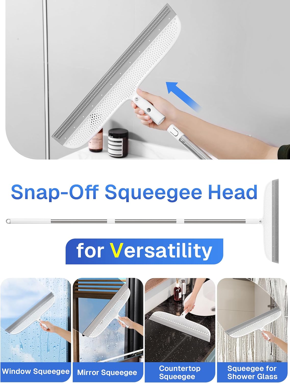 Silicone Floor Squeegee & Broom – Long Handle Hair Remover for Water, Pet Hair – for Bathroom, Tile, Concrete, Garage, Deck, Glass – Indoor Outdoor Cleaning Tool – White (15.7 inch)