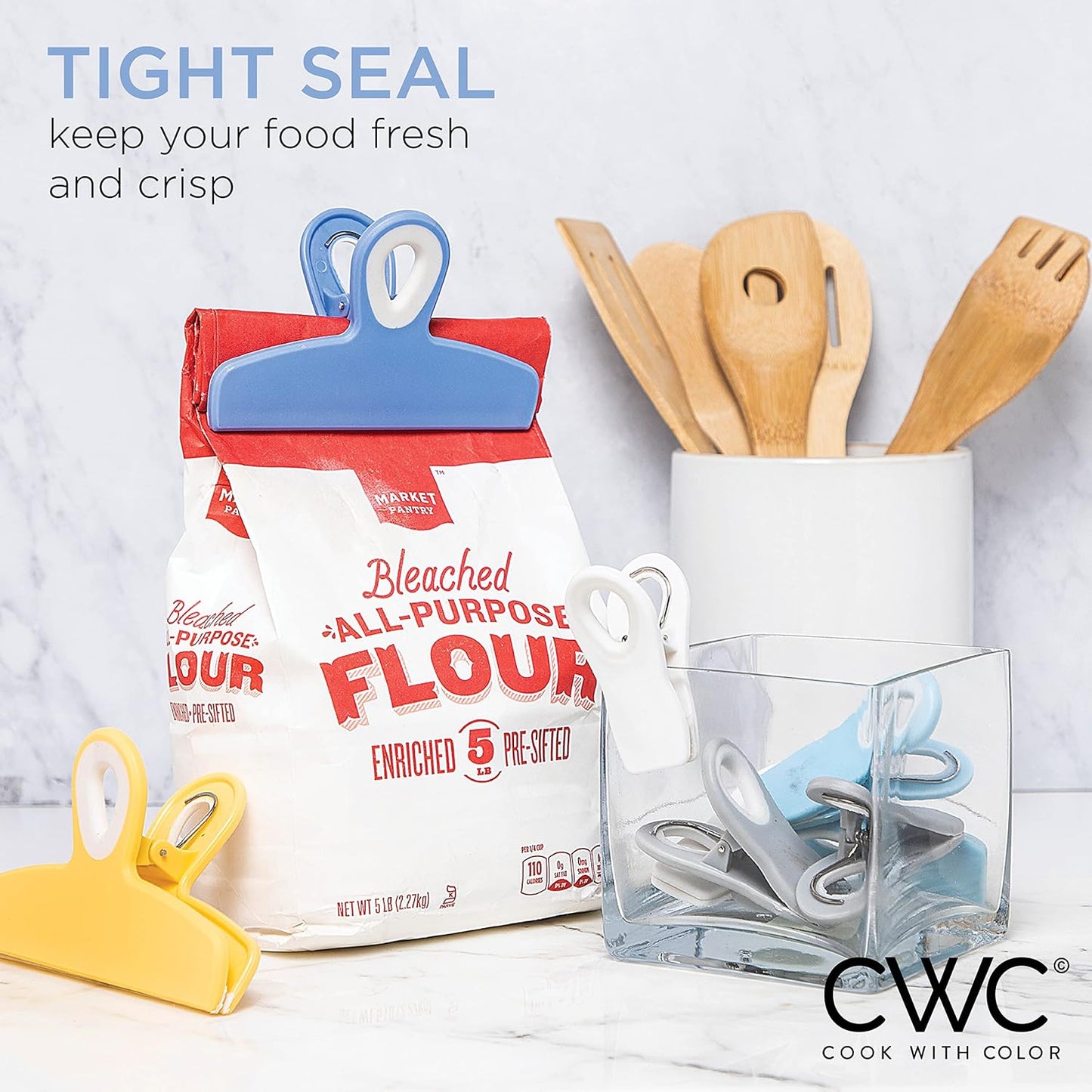 COOK WITH COLOR Bag Clips - Heavy Duty Chip Clip and Refrigerator Magnet Clips for Food Storage with Air Tight Seal Grip, Yellow and Blue, Pack of 8