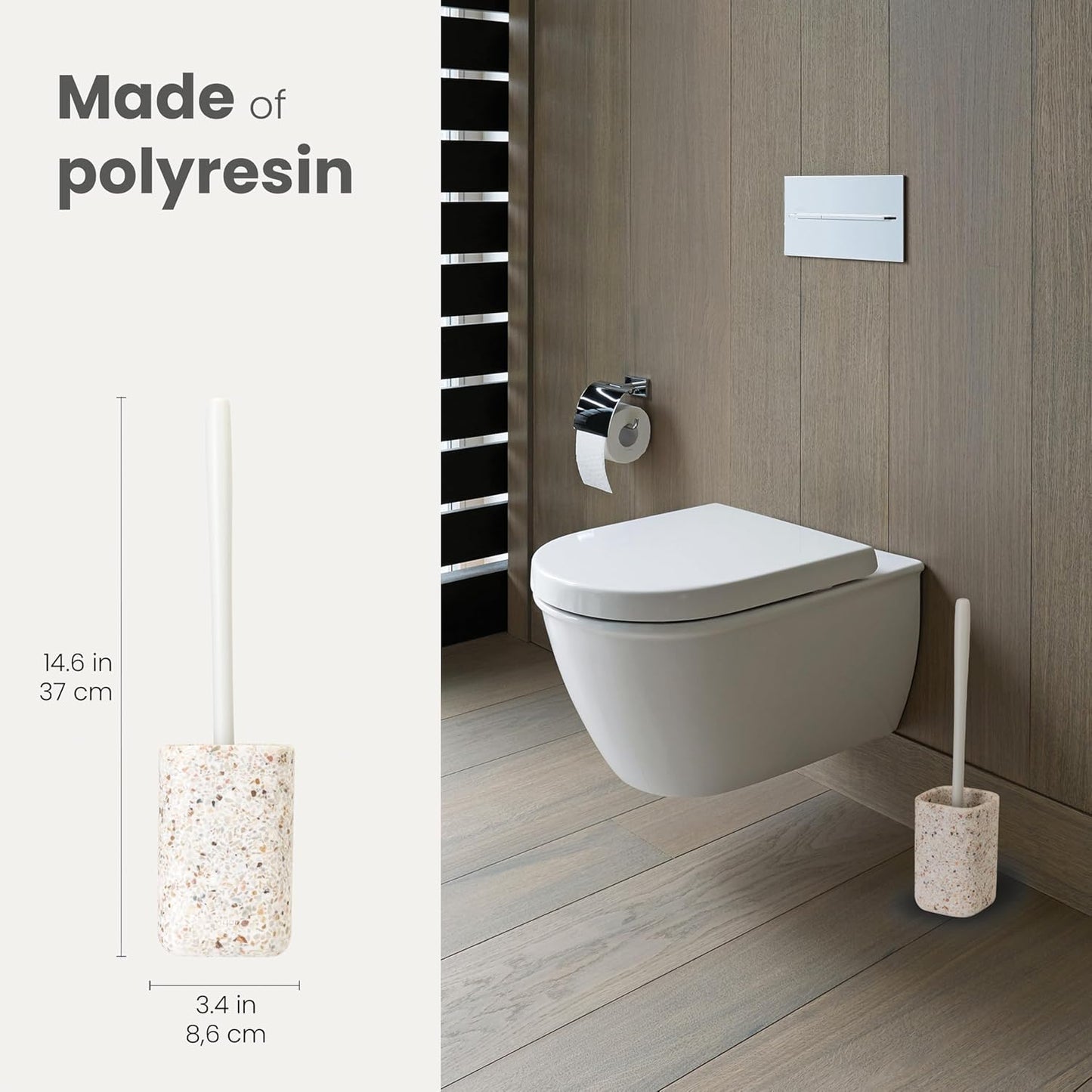 Vigar Zense Toilet Brush and Holder Set, Toilet Bowl Brush with Polyresin Stone Holder, Bathroom Sets for Bathroom Decor and Accessories, Terrazzo