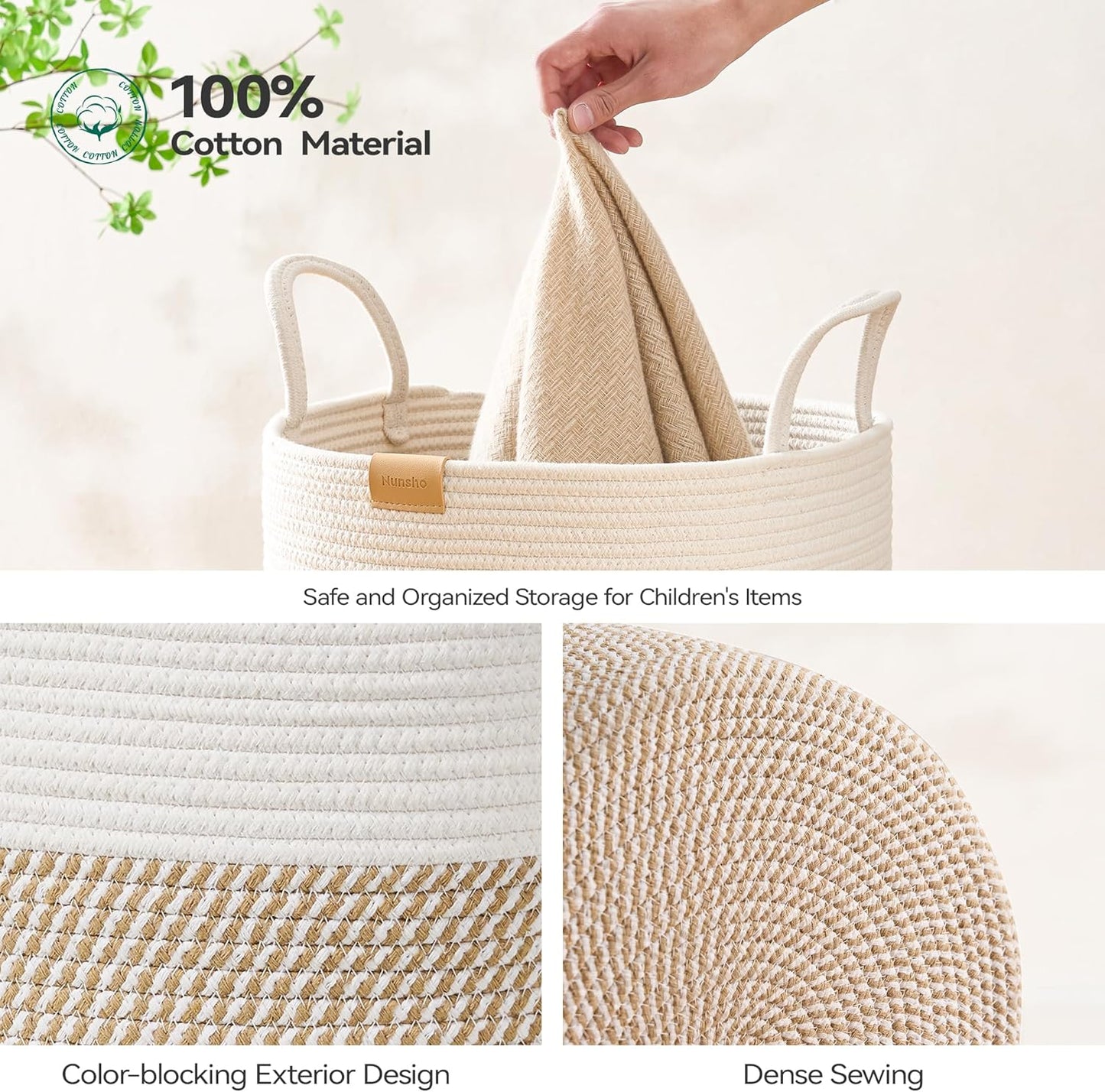 Laundry Hamper 95L,Large Laundry Basket for Clothes,Decorative Storage Basket for Blankets,Cotton Rope Woven basket for bedroom,Brown White