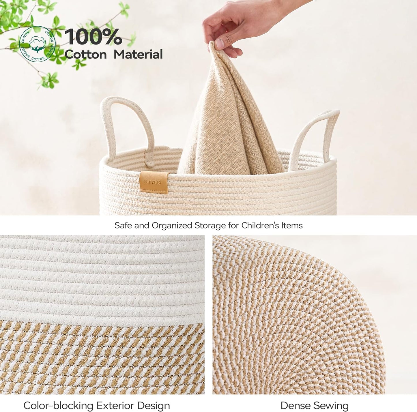 Laundry Hamper 62L,Large Laundry Basket for Clothes,Decorative Storage Basket for Blankets,Cotton Rope Woven basket for bedroom,Brown White