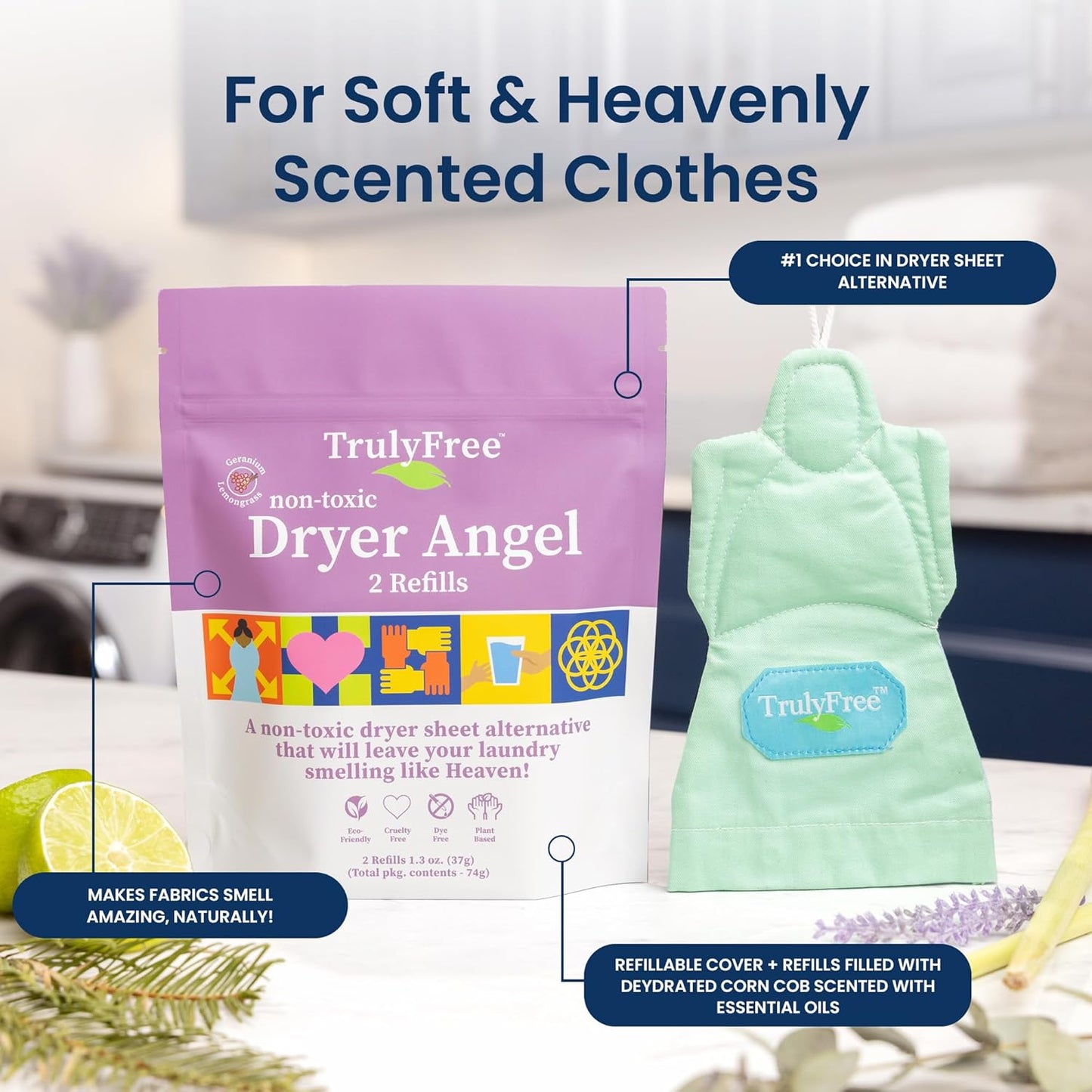 Truly Free Dryer Angel - Natural Dryer Sheet Alternative, Non-Toxic Reusable Fabric Softener Sheets and Scent Booster, Safe for Babies and Sensitive Skin, Laundry Room Essentials - 1 Pack + 2 Refills