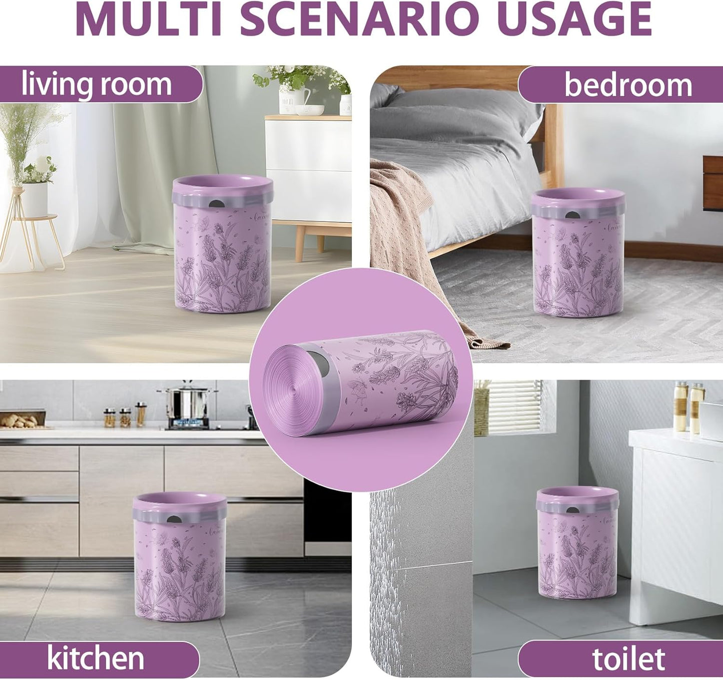 VOK 13 Gallon Trash Bags with Lavender Print & Drawstring, Tear-Resistant Tall Kitchen Garbage Bags, Heavy-Duty Kitchen Trash Bags for Home, 50 Counts