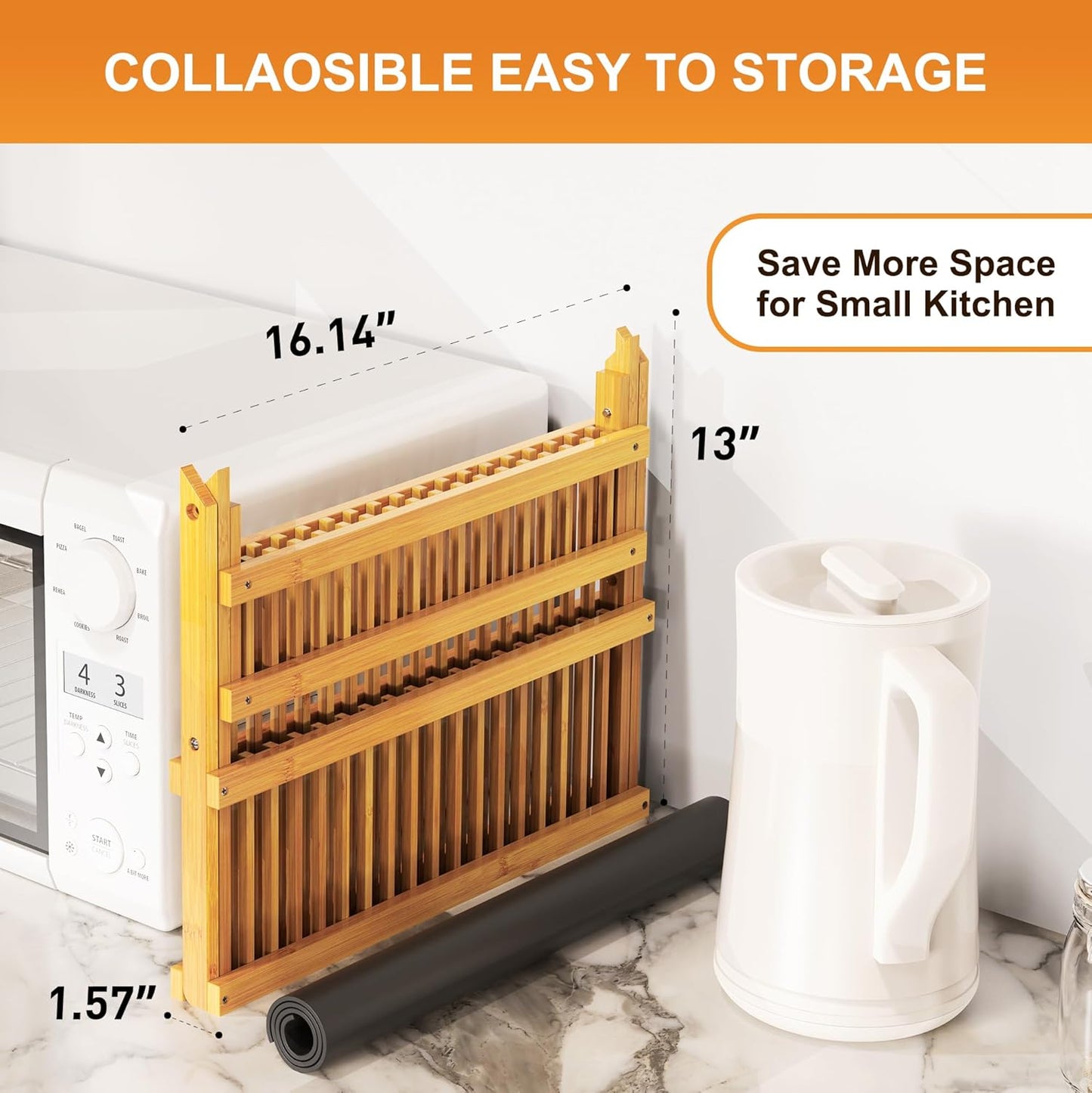 Greenual Bamboo Dish Drying Rack with Utensil Holder, 2 Tier Collapsible Dish Rack, Wooden Dish Racks for Kitchen Counter, Folding Drying Holder with Absorbent Dish Drying Mat