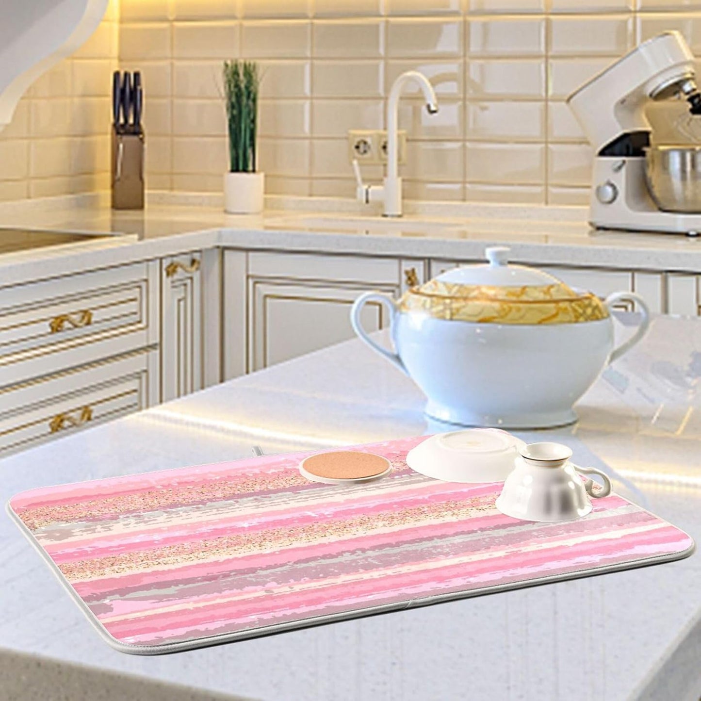 Pink Gold Stripe Dish Drying Mat for Kitchen Countertop 18x24 Rectangle Large Drying Mat Reusable Quick Dry Dish Sink Absorbent Mats Dishwasher Easy Clean Decorative Home Decor Essentials