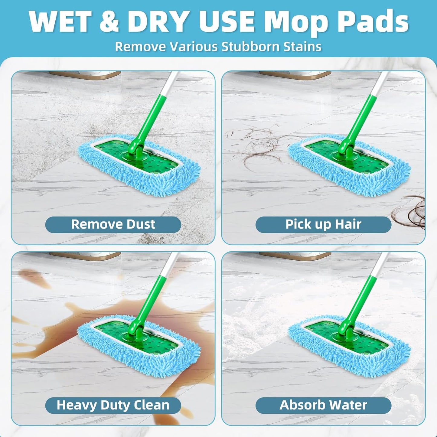 Reusable Mop Pads Compatible with Swiffer Sweeper Mop, Washable Wet Pads Refill & Chenille Dry Sweeping Cloths, Microfiber Mop Pads for Use on All Sealed Floors - Wood, Laminate, Stone & Tile (6 Blue)