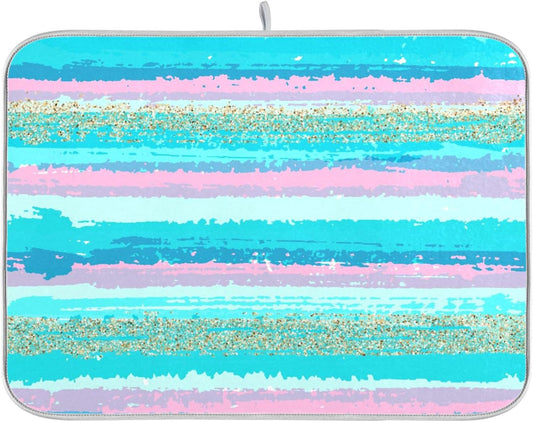 Turquoise Stripe Dish Drying Mat for Kitchen Countertop 18x24 Rectangle Teal Aqua Large Drying Mat Reusable Quick Dry Dish Sink Absorbent Mats Dishwasher Easy Clean Decorative Home Decor Essentials