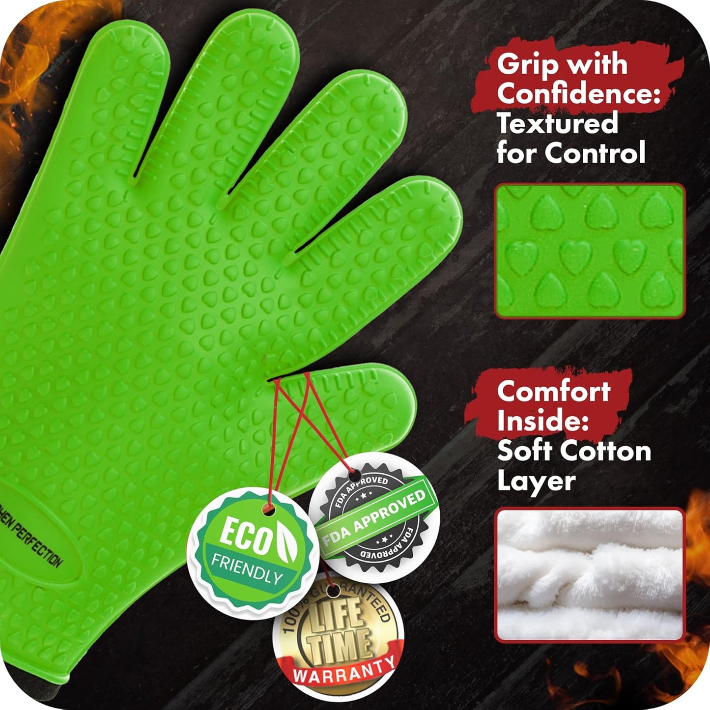 KITCHEN PERFECTION Silicone Smoker Oven Gloves -Extreme Heat Resistant BBQ Gloves-Handle Hot Food Right on Your Grill Fryer&Pit|Waterproof Grilling Cooking Baking Mitts |Superior Value Set +2 Bonuses