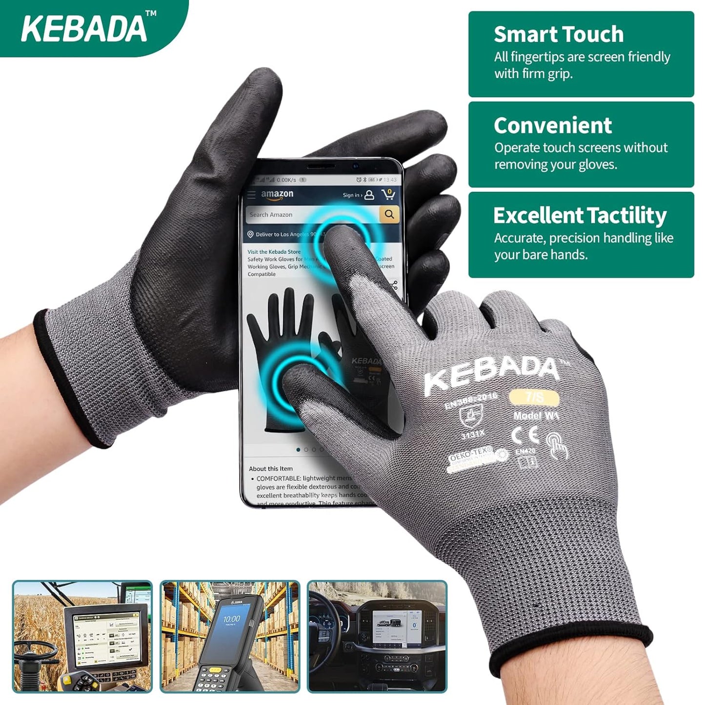 Kebada W1 Work Gloves for Men and Women, Touchscreen PU Coated Gloves with Grip, 50 Pairs Bulk Pack, Ideal for Warehouse Package Handling, Construction, Gardening, Gray Small