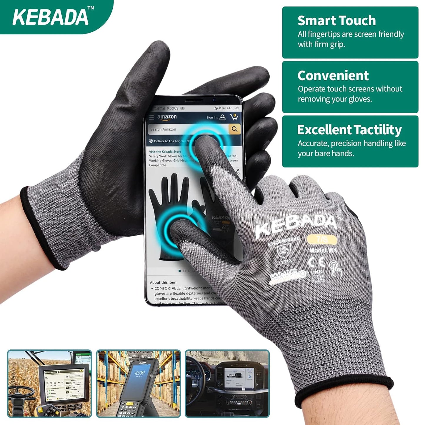 Kebada Safety Work Gloves,120 Pairs Bulk Pack, Touchscreen, PU Coated, Ideal for Warehouse, Construction, Gardening and Mechanics, Grey, X-Large