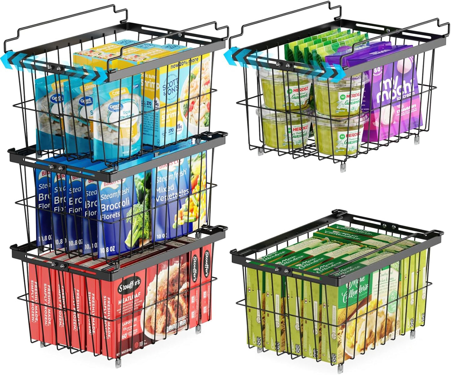 iSPECLE Freezer Organizer Bins - 5 Pack Adjustable & Extra Large Deep Freezer Organizer Bins for 5 to 9 Cu.Ft Chest Freezer, Easy Organize Basket Store More, Stackable No Wasted Space, Black