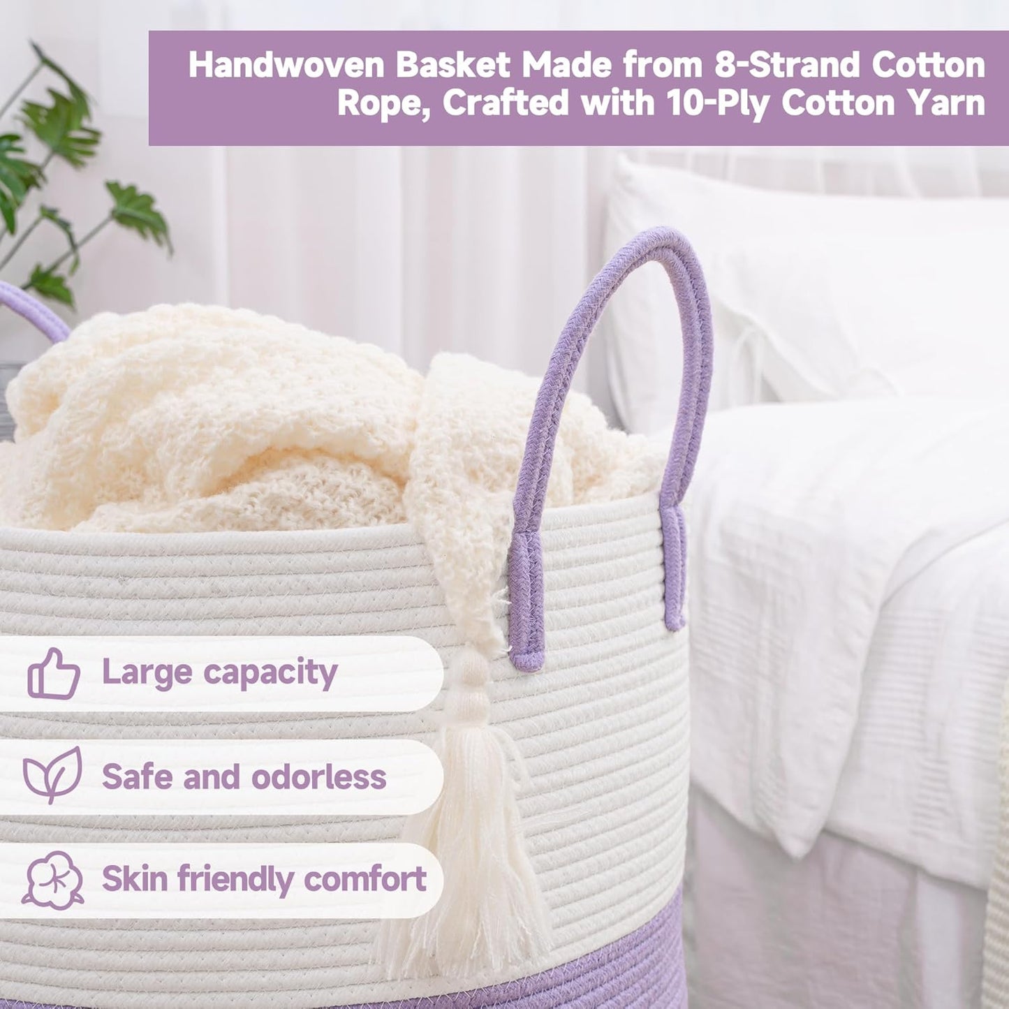 CLHMILY&Z 100L Laundry Basket Round Storage Rope Basket - 18.1x24 Inches - Lavender Hamper in Bedreoom and Cute Storage Bin for Blankets, Toys, and Nursery Essentials