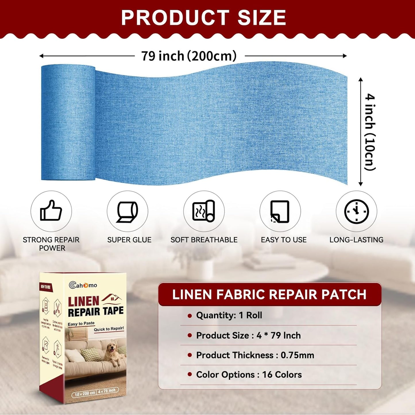 Linen Repair Tape 4x79 inch, Self Adhesive Fabric Patches, Linen Patch Tape Kit, Fabric Repair Tape for Couch Sofas, Headboards, Chairs, Pillows, Curtains, Couches - Blue