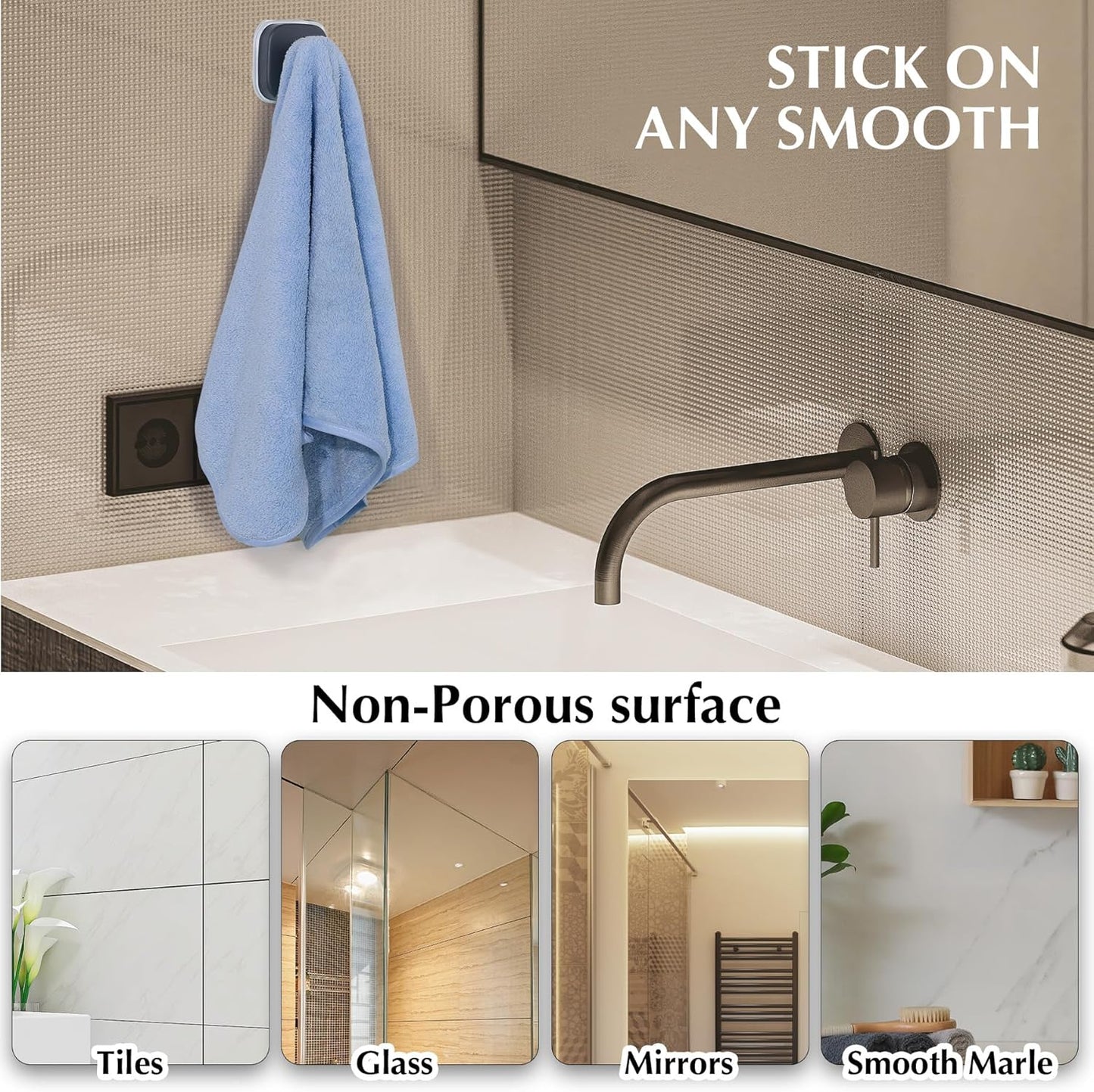 Suction Cup Hooks for Shower - Reusable No-Drill Mounting - Hooks for Towels, Robes & Loofah on Metal, Glass, Mirrors, Tile & Smooth Non-Porous Surfaces (4, Matte Black)