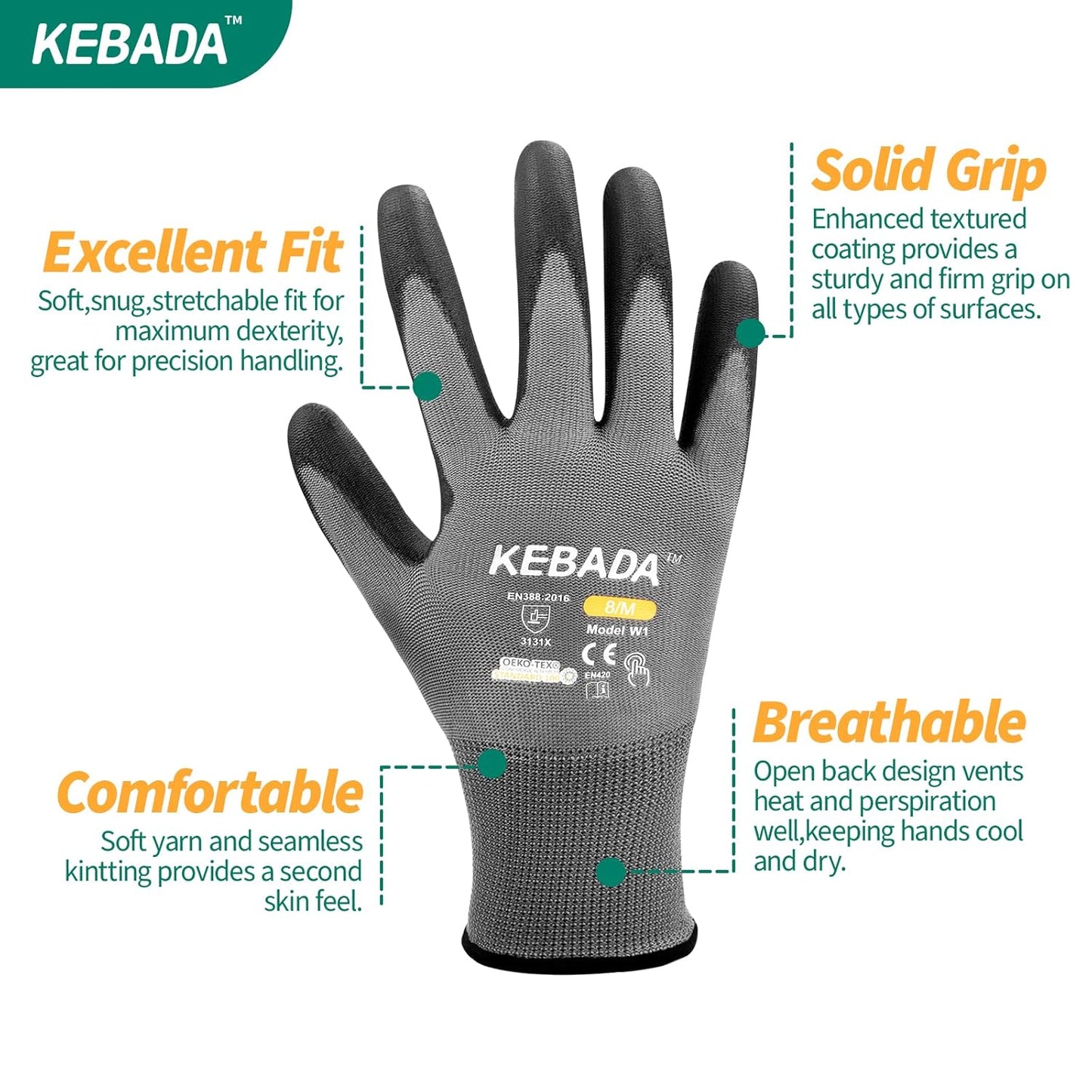Kebada Safety Work Gloves,120 Pairs Bulk Pack, Touchscreen, PU Coated, Ideal for Warehouse, Construction, Gardening and Mechanics, Grey, Small