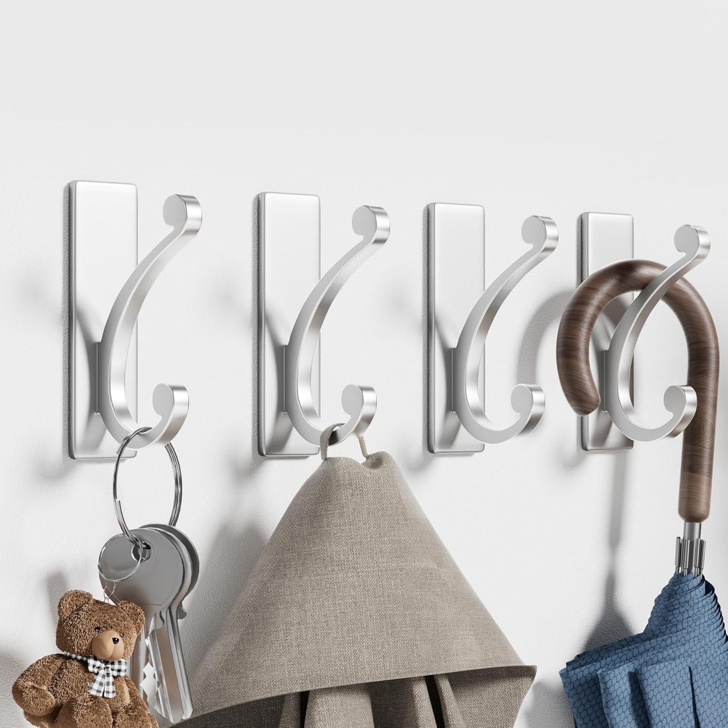 Adhesive Wall Hook for Towel/Coat - Extra Sticky 10LB Stainless, Stick on Hanger for Bath or Shower, Matt Silver 4-Pack