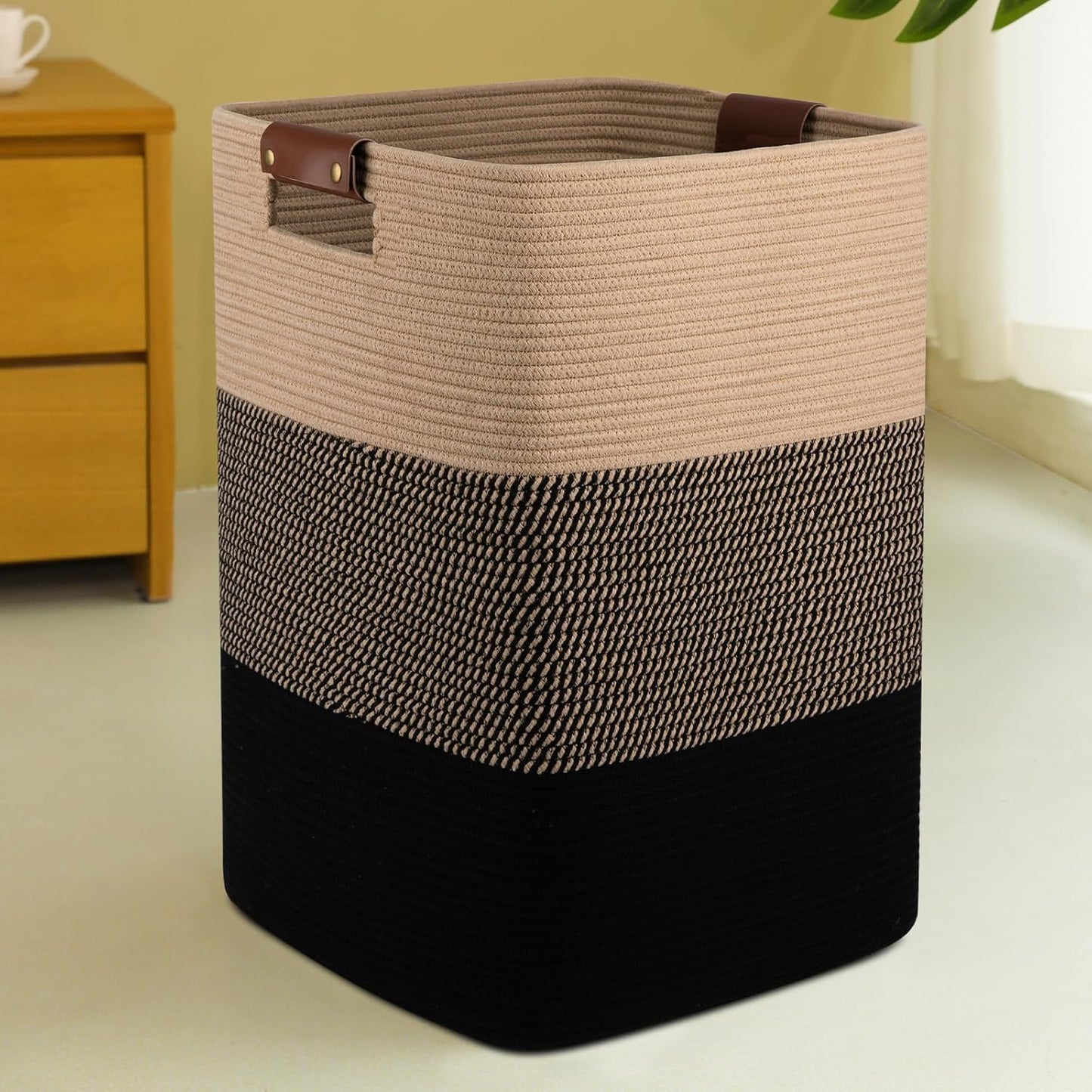 Laundry Hamper 96L Extra Large Laundry Basket, Woven Blanket Basket, Cotton Woven Storage Hamper with Handles for Living Room, Large Baskets for Pillows, Blankets, Clothes-Black & Yellow