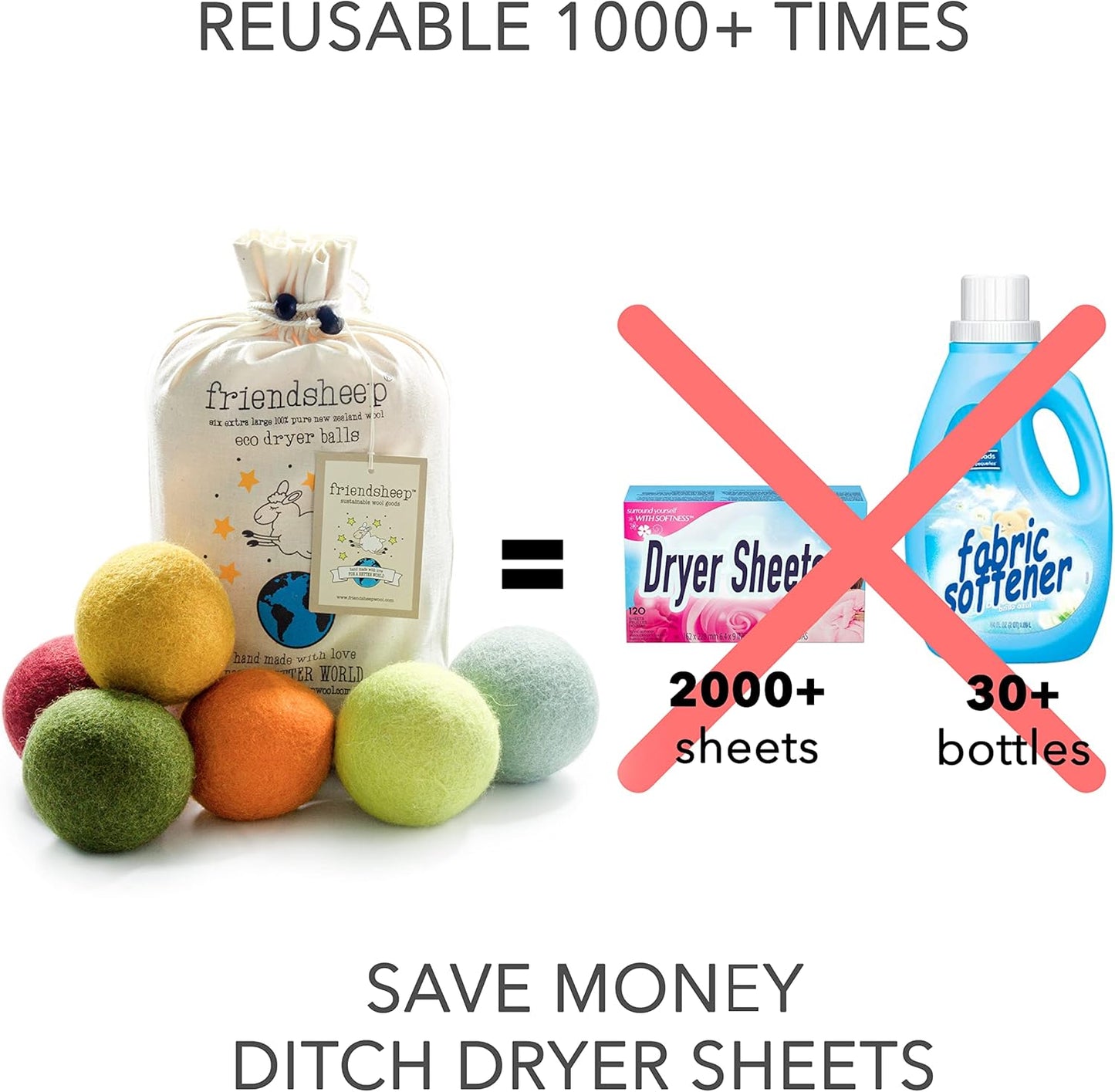 Friendsheep Wool Dryer Balls 6 Pack XL Organic Premium Reusable Cruelty Free Handmade Fair Trade No Lint Fabric Softener - Harvest Moon